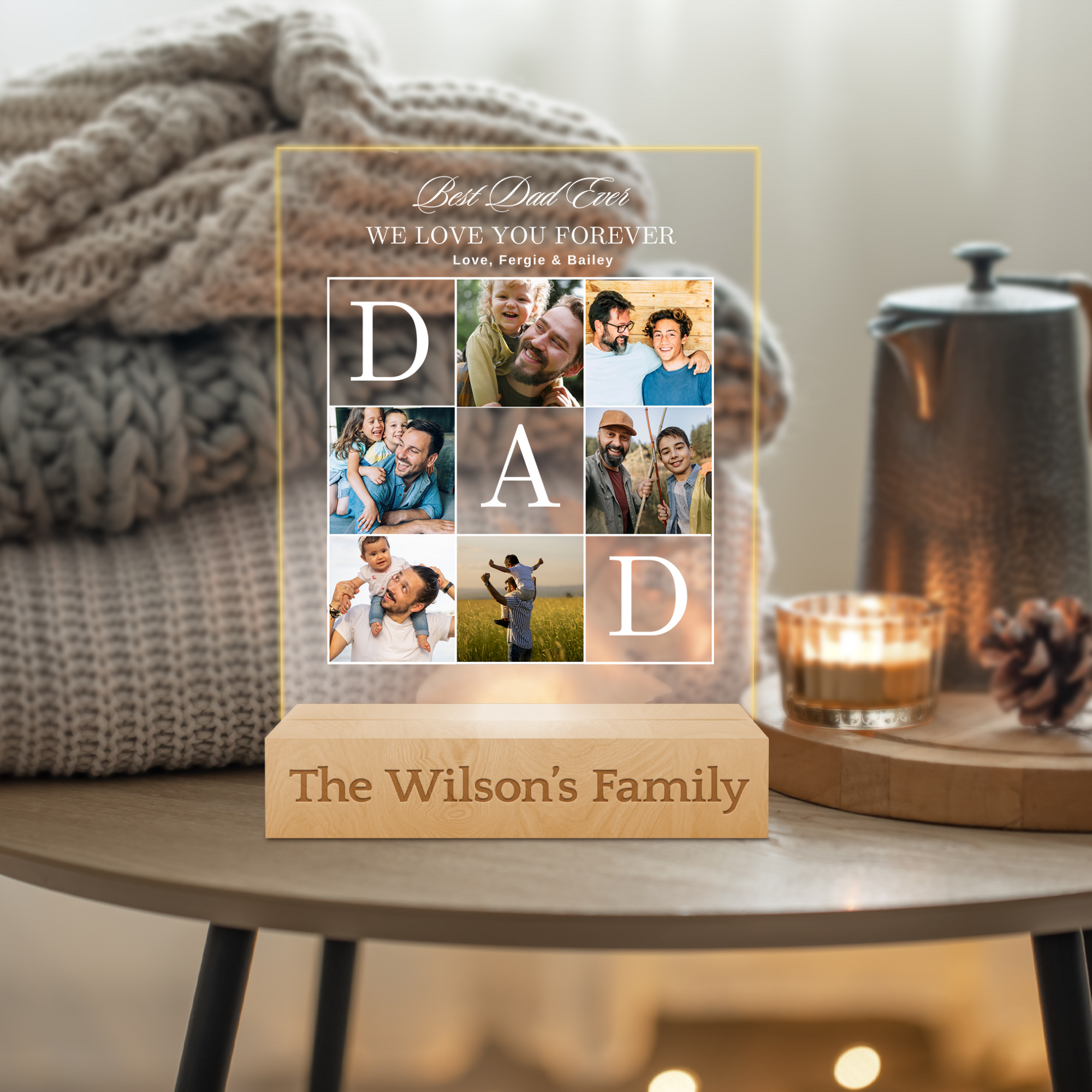 Custom 3D Collage Best Dad Photos & Names LED Night Light, Personalised Print Acrylic Wooden Table Lamp Sign, Room Decor, Father's Day Gift