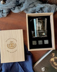 Personalised Wooden Whiskey Gift Box, Round Pattern Thick Base Glass, Ice Stones, Coaster, Custom Engraved Wedding Barware, Groomsman Gift