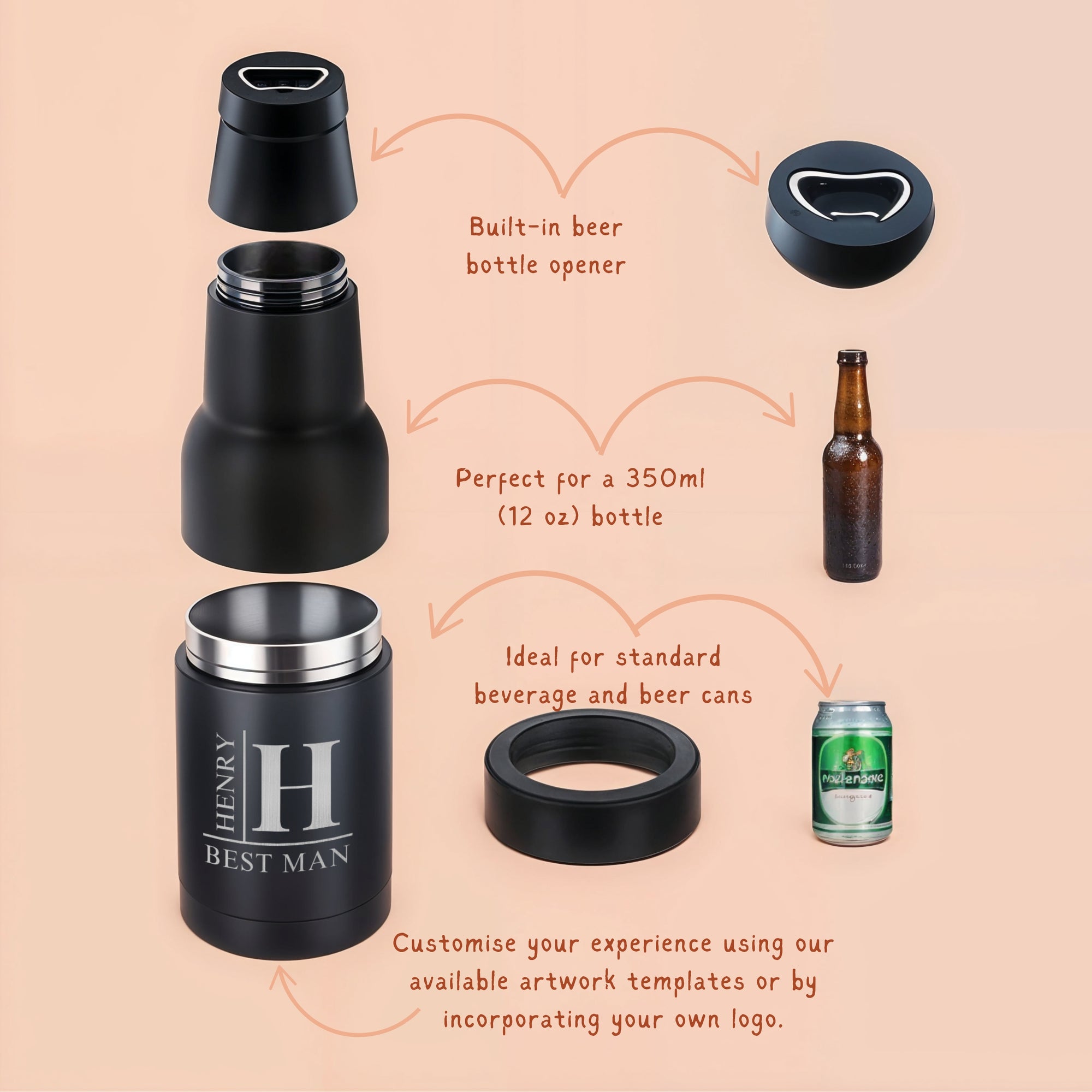 Personalised Set of Insulated Stainless Steel Growler, Tankard Beer Mug &  3-in-1 Stubby Holder in Wooden Gifted Box