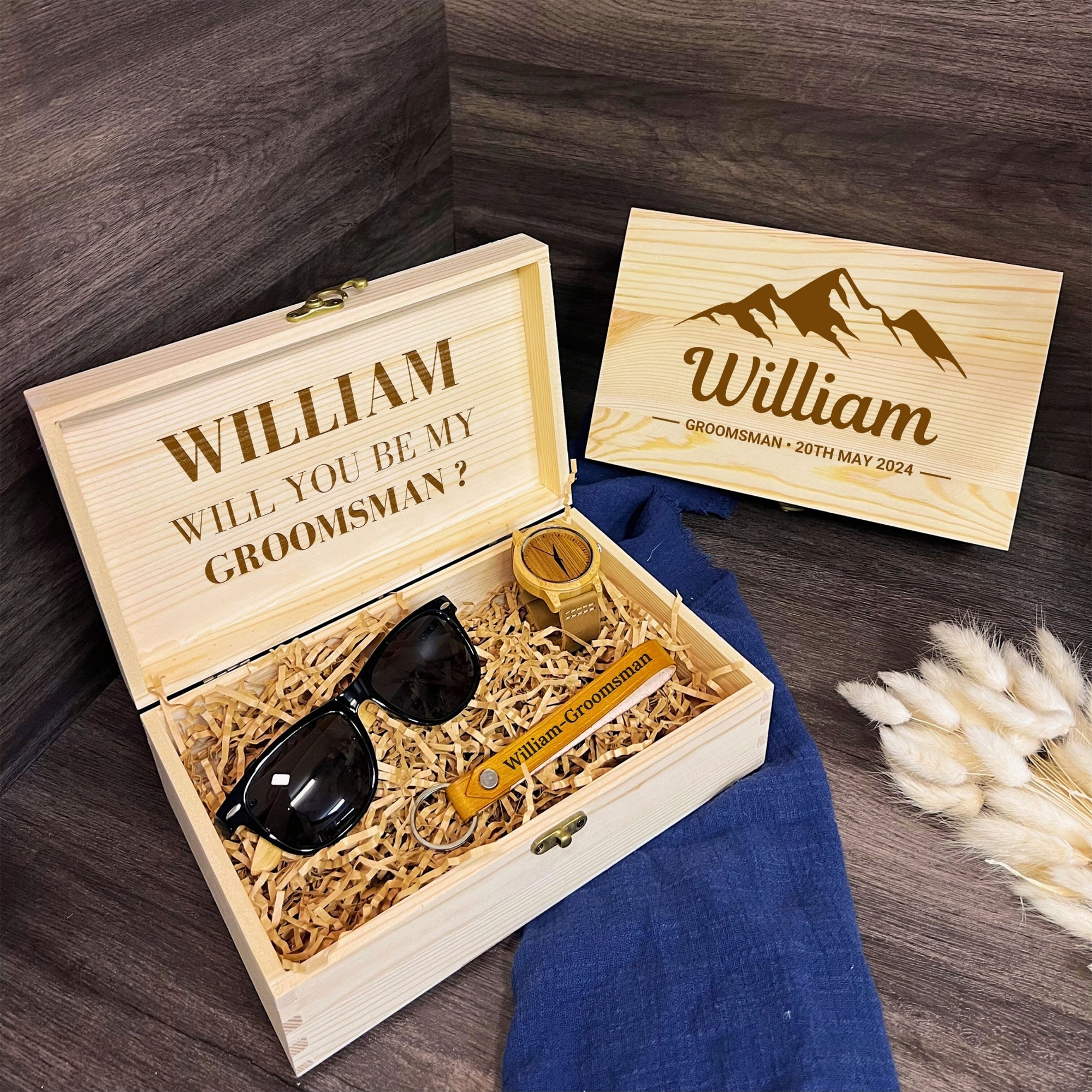 Personalised Sunglasses, Watch, Set, Tan Leather Key Ring in Custom Engraved Wooden Box, Best Man, Father, Groomsman Proposal Wedding Gift