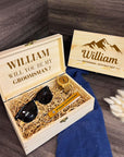 Personalised Sunglasses, Watch, Set, Tan Leather Key Ring in Custom Engraved Wooden Box, Best Man, Father, Groomsman Proposal Wedding Gift
