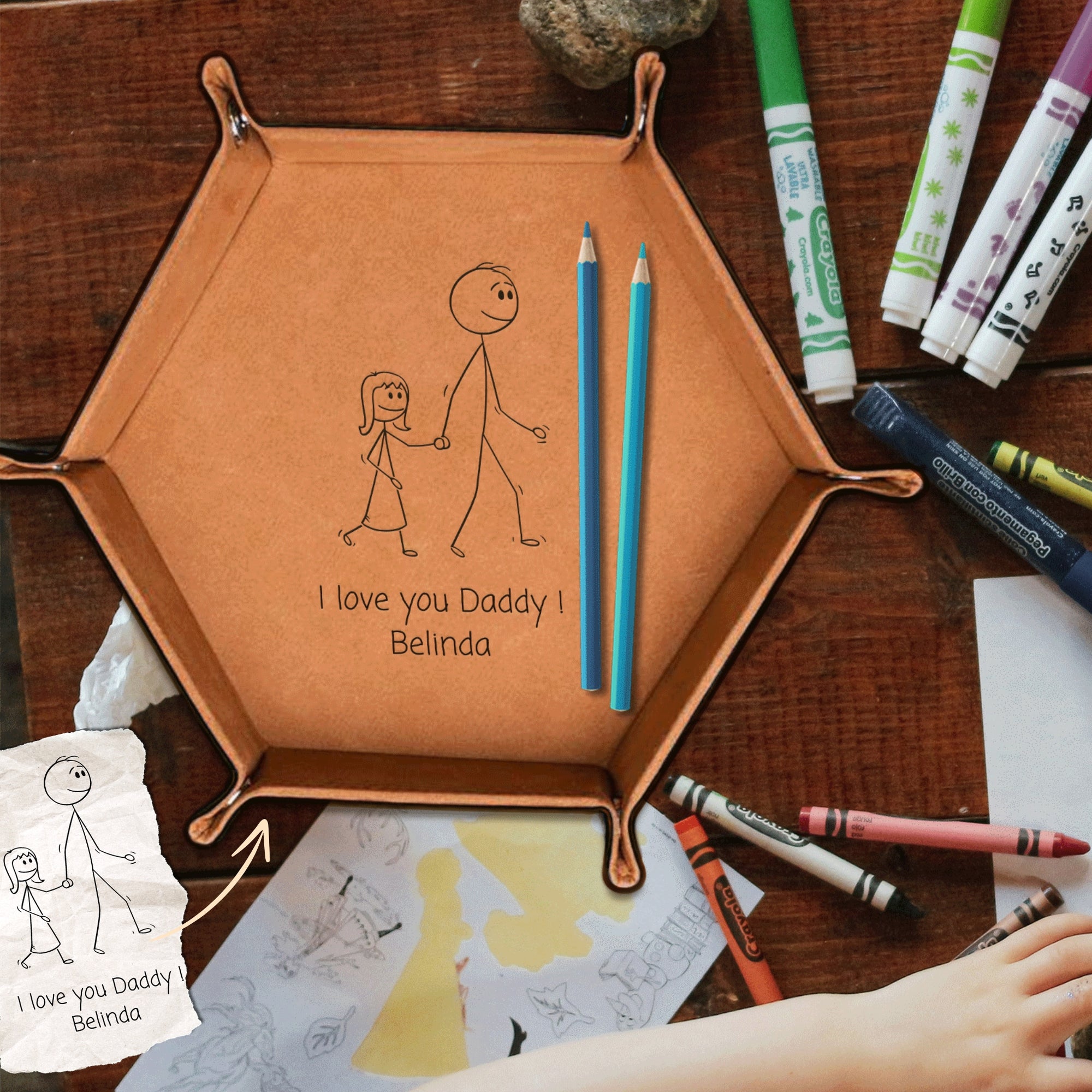 Personalised Your Kid Hand Drawing, Sketch Photo Hexagon Leather Catchall Tray, Custom Engraved Valet Storage, Desk Caddy Organiser Dad Gift