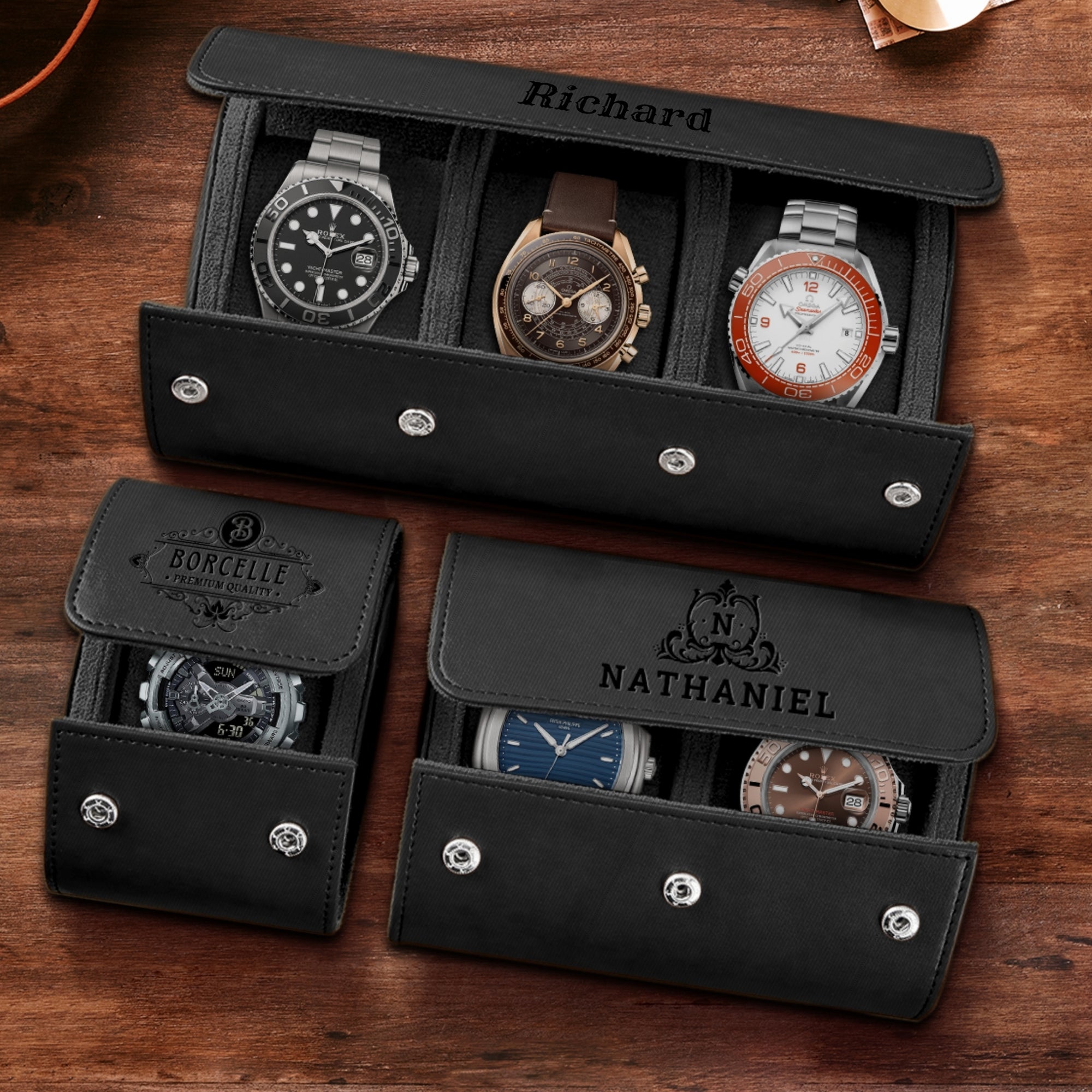 Personalised Black Leatherette Watch Case Box, Custom Engraved Travel Watches Roll Slot Display Storage, Groomsman/ Dad/ Birthday Xmas Gift