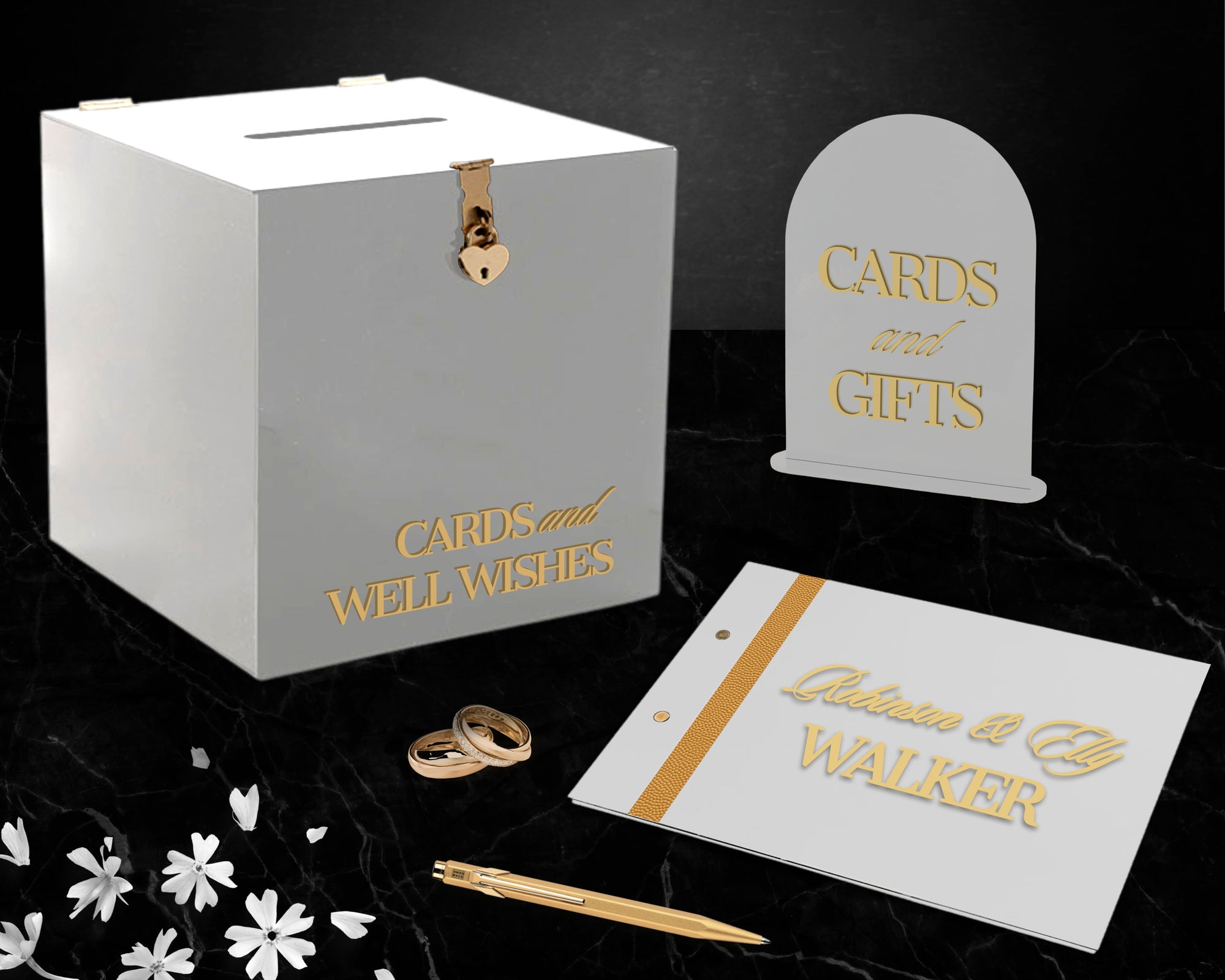 Custom Made Wedding 3 Bundle Set, Personalised Acrylic White Wishing Well Box, Memory Guest Book, Card & Gifts / Photo Guestbook Table Sign