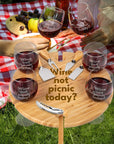 Engraved Assemble Bamboo Round Stake Picnic Table with Cheese Knives Set & 6 Wine Glasses Holder