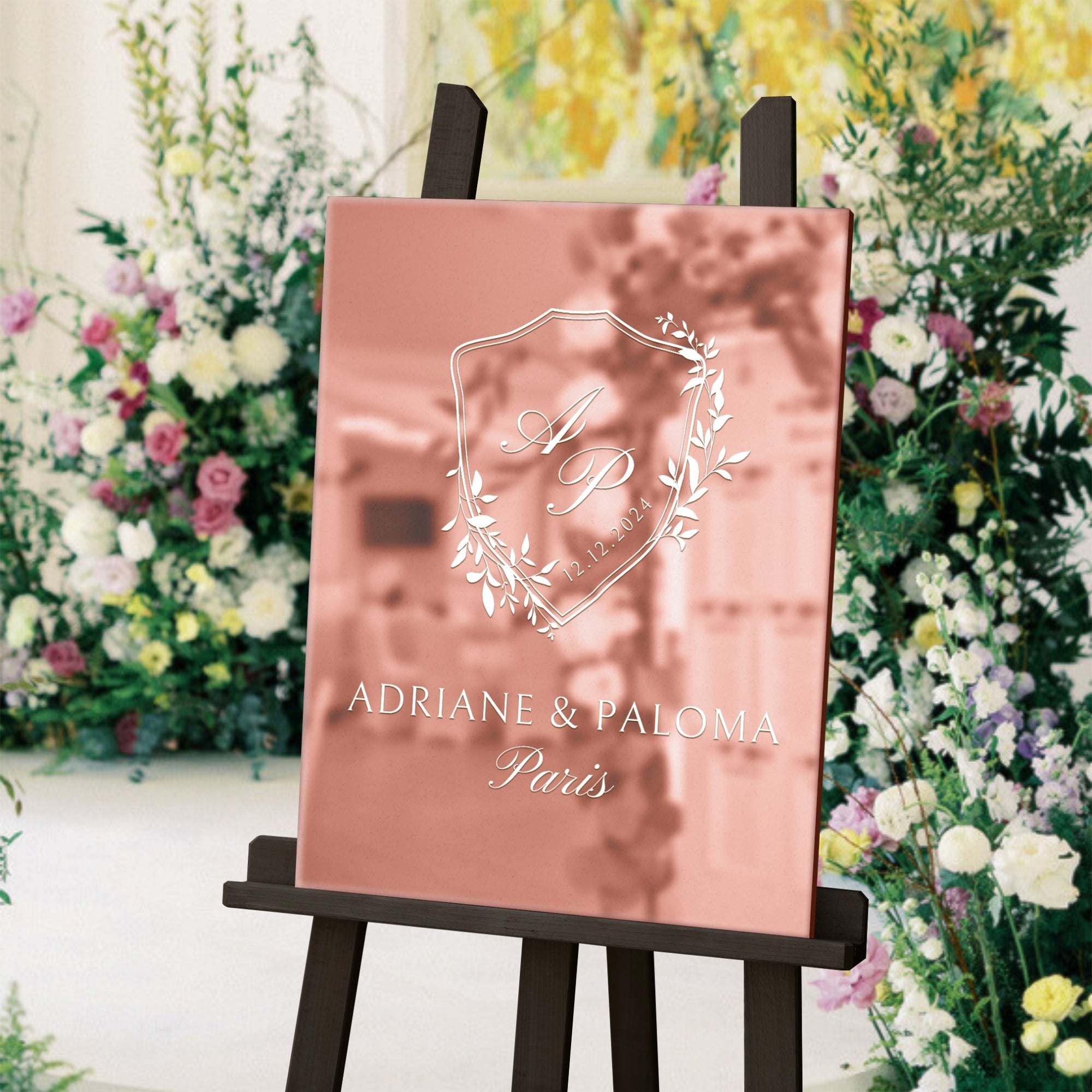 Personalised Acrylic Floral Wreath Wedding Signage, Custom UV Print Monogram & Names Mirror  Engagement/ Anniversary/ Birthday Welcome Sign