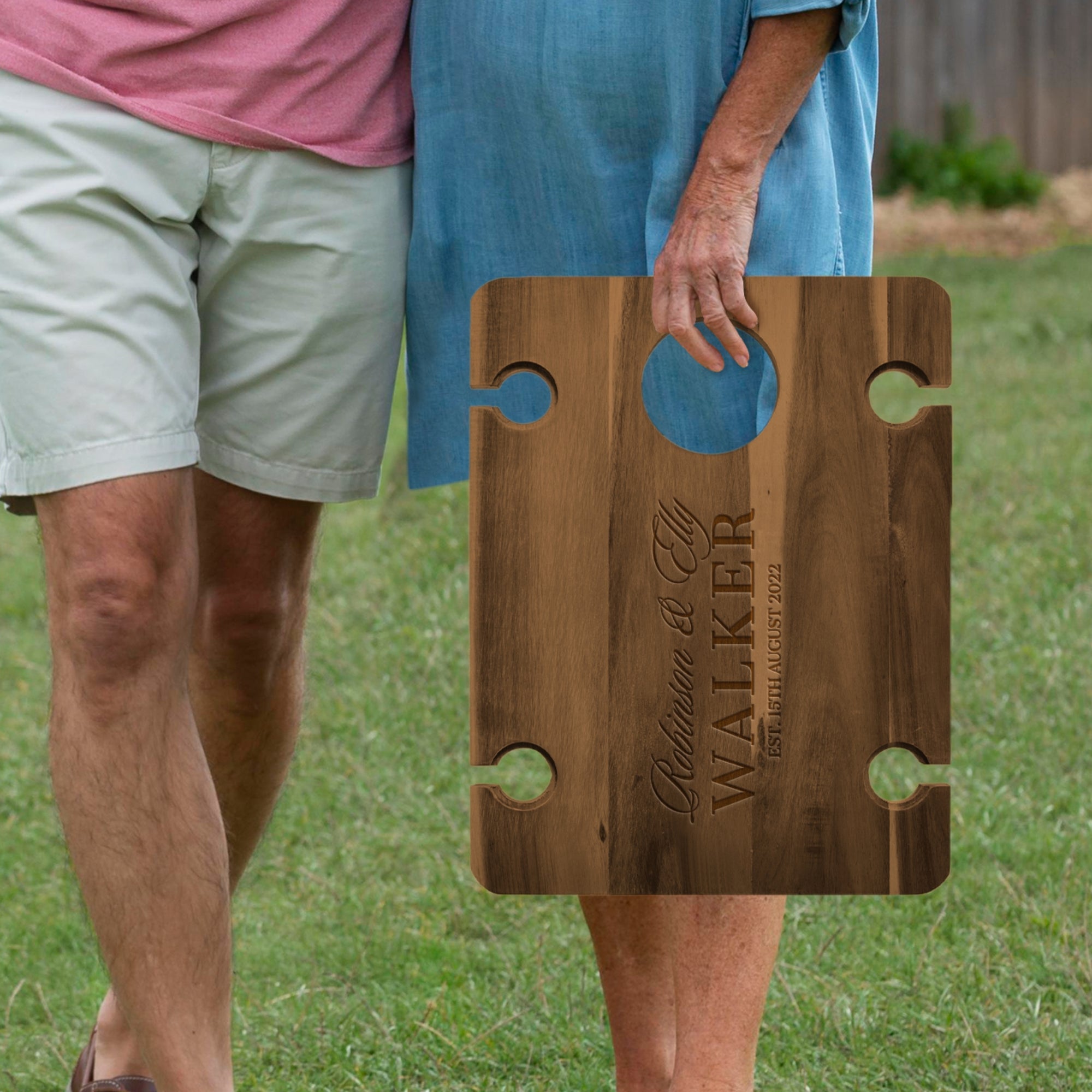 Personalised Foldable Portable Wooden Acacia Travel 4 People Picnic Table & Crystal Wine Glasses, Custom Engraved Wedding, Housewarming Gift