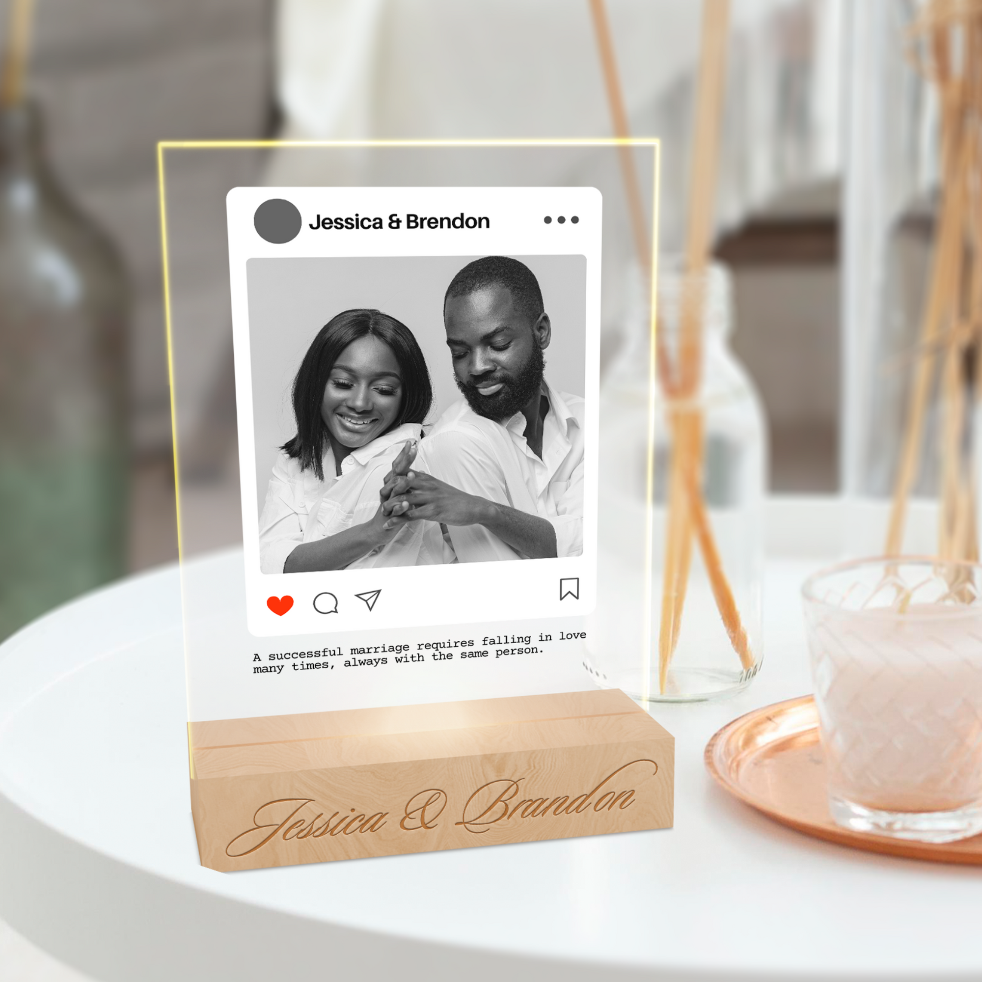 Custom 3D Instagram Photo & Name LED Night Light, Personalised Acrylic UV Print/ Wooden Table Lamp, Anniversary, Wedding, Housewarming Gift