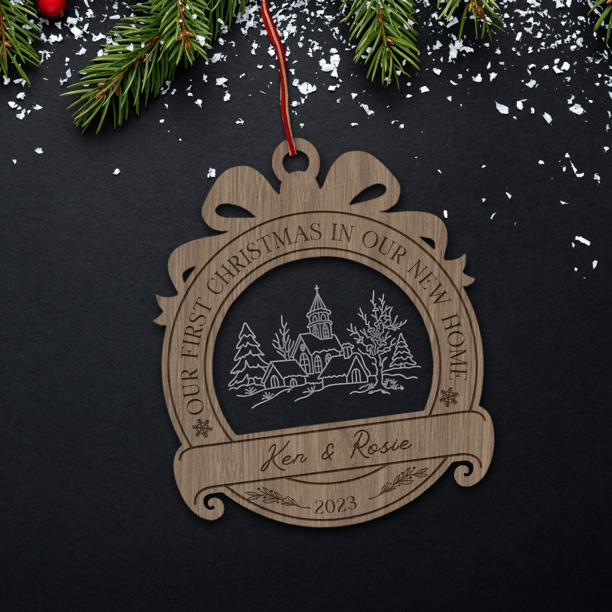 Personalised 3D Wood Acrylic Badge Ornament, Custom Etched Name Mr&Mrs First Christmas, New House/ Married Engaged Xmas Tree Tag Bauble Gift