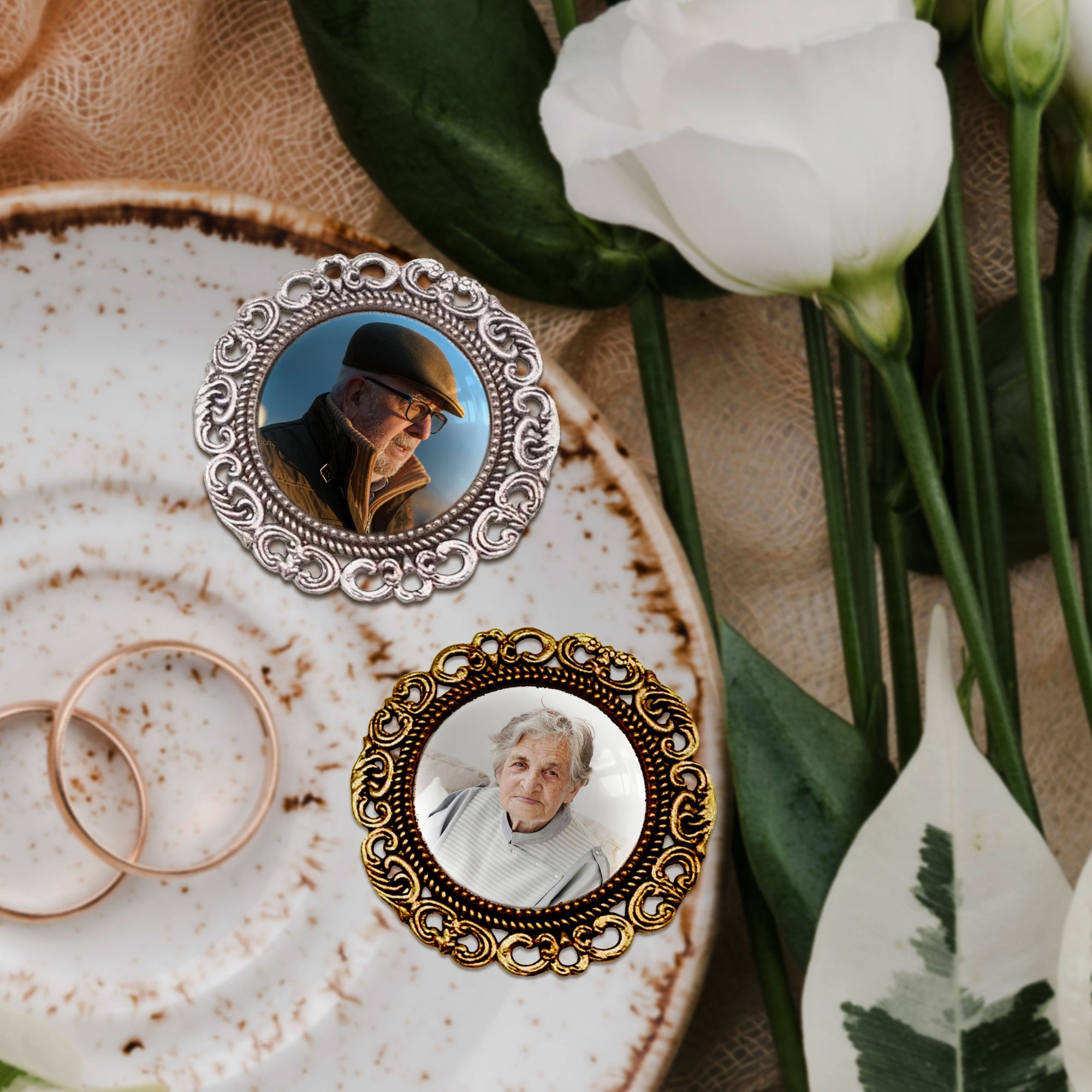 Personalised Photo Memorial Round Boutonniere Groom Lapel Pin/ Tie Clip, Bridal Bouquet Charm, Vintage Brooch Pendant, Wedding Keepsake Gift