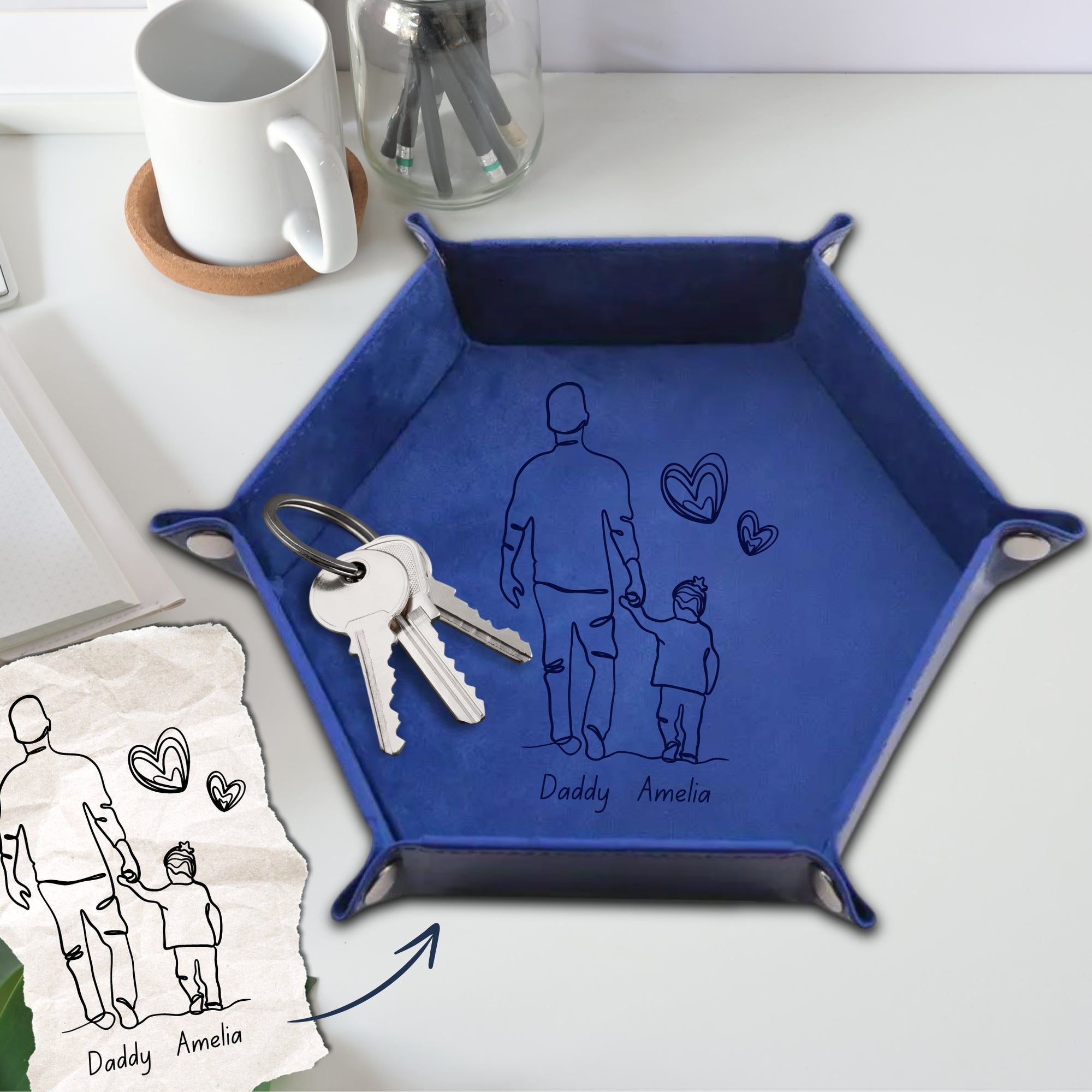Personalised Your Kid Hand Drawing, Sketch Photo Hexagon Leather Catchall Tray, Custom Engraved Valet Storage, Desk Caddy Organiser Dad Gift