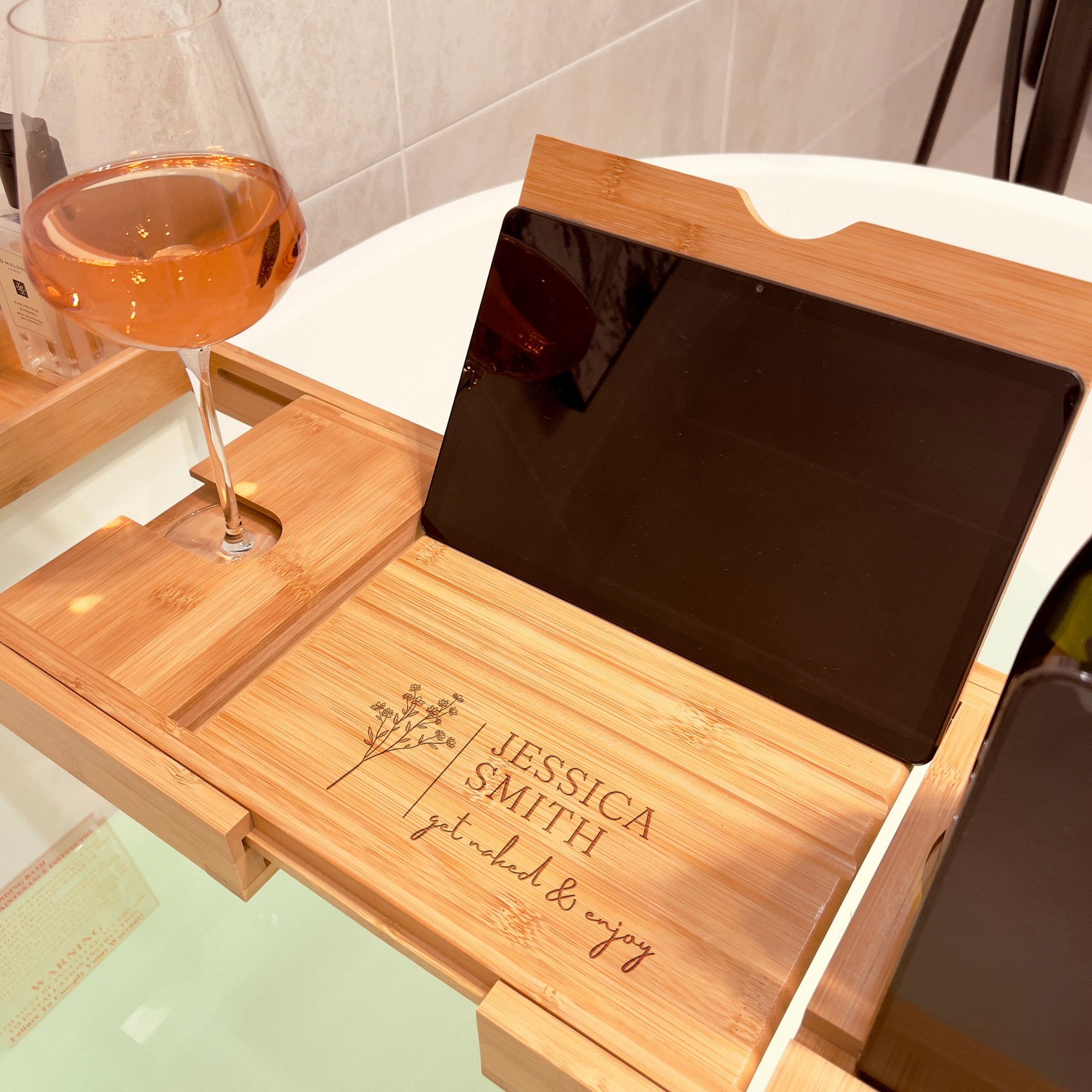 Personalised Bamboo Extendable Bath Caddy Tray, Custom Engraved Wooden Adjustable Spa Bathtub Storage Rack with Phone Slot, Candle, Wine Glass Holder, Tablet/Ipad/Book Holder