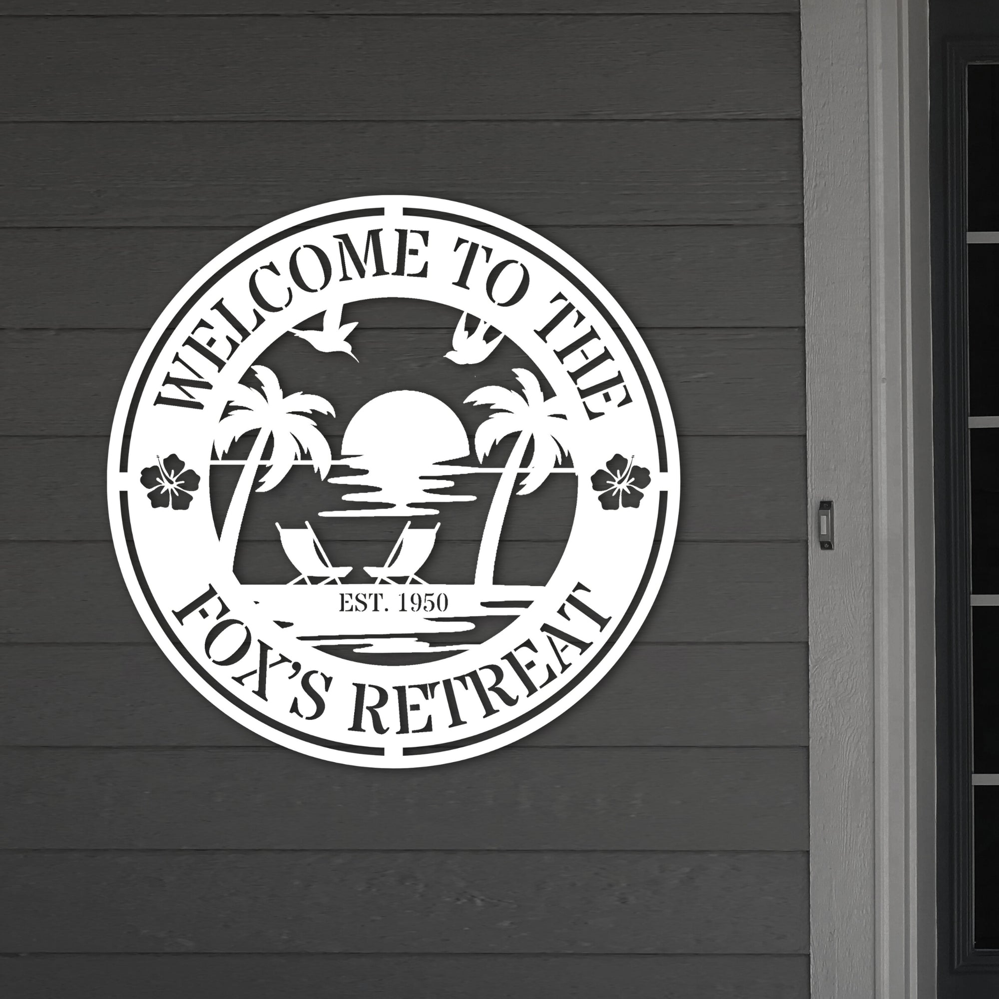 Custom Tropical Palm Oasis Scenery Poolside Hoop Sign, Personalised Name Acrylic Pool Bar Backyard/ Patio/ Deck Wall Art, Housewarming Gift