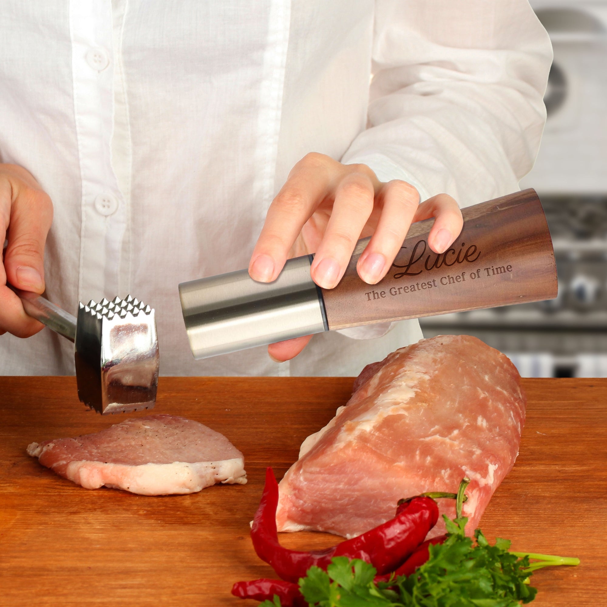 Personalised Acacia Salt Shaker and Pepper Grinder & Base Set, Custom Engraved Manual Spice Mill Crusher, Kitchen Utensils, Housewarming Gift