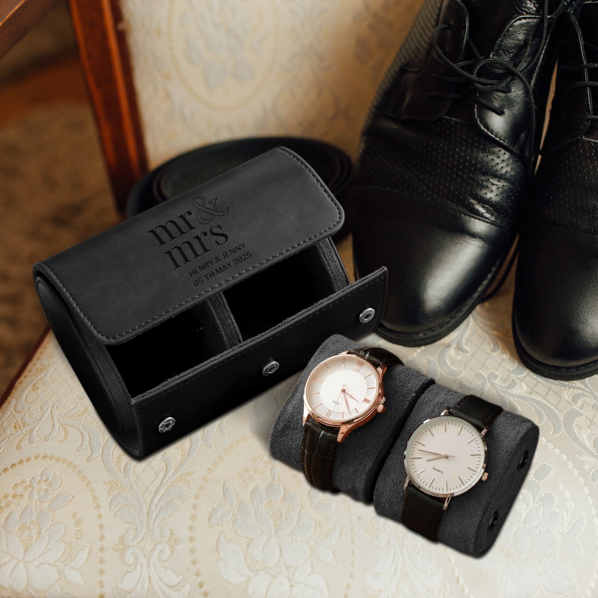 Personalised Black Leatherette Watch Case Box, Custom Engraved Travel Watches Roll Slot Display Storage, Groomsman/ Dad/ Birthday Xmas Gift