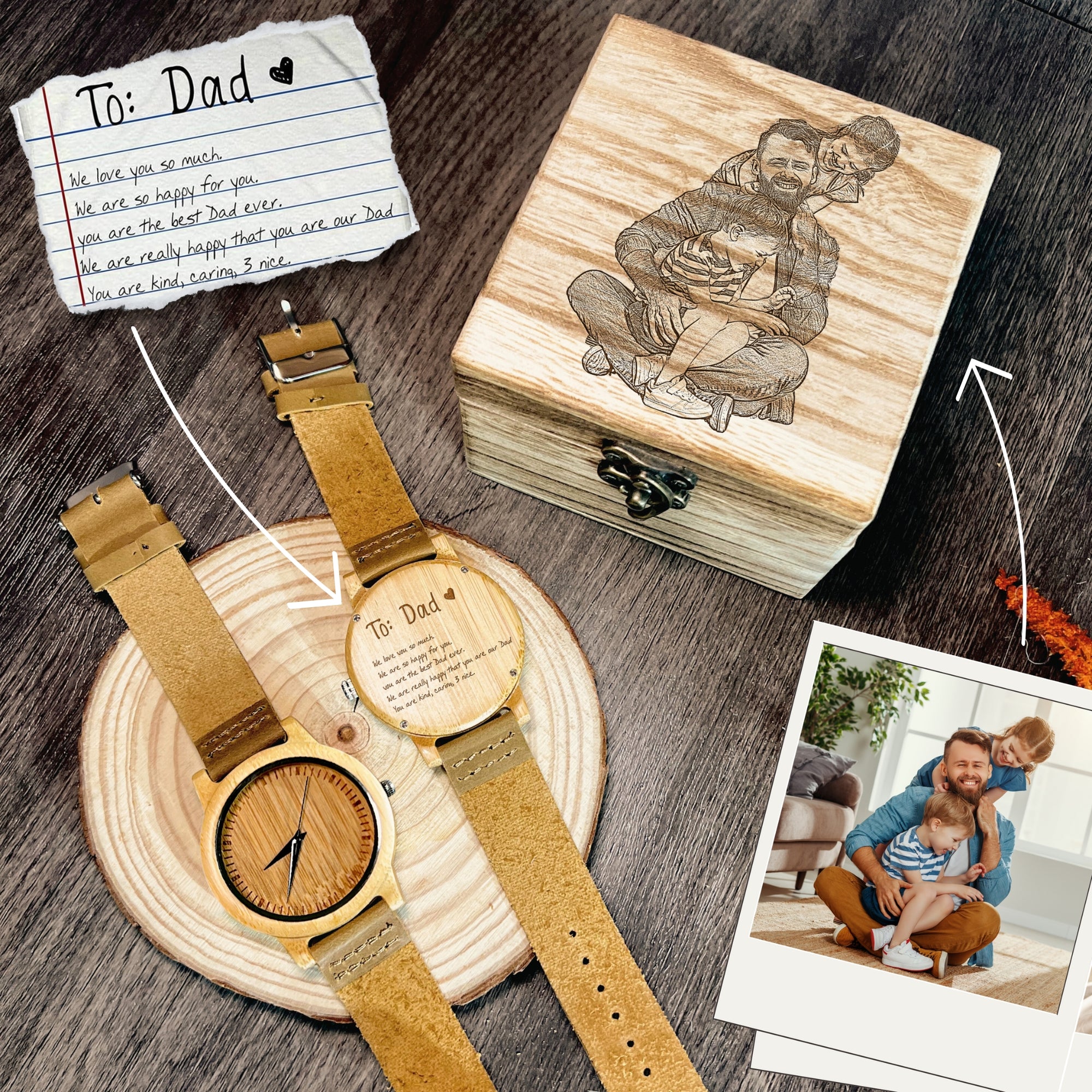Personalised Message Bamboo Watch & Sketch Photo Wooden Box Set, Custom Engraved Logo Unisex Accessories Storage, Dad, Mom, Anniversary Gift