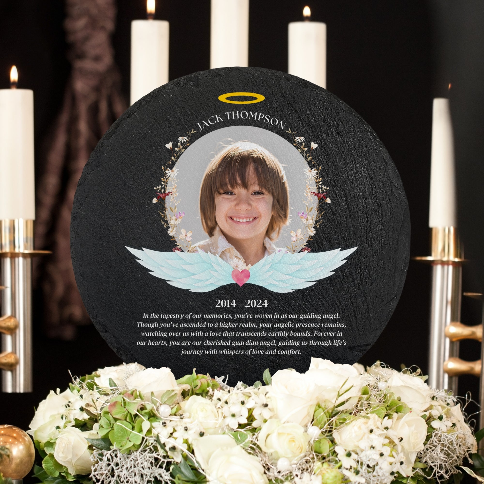 Personalised Photo Memorial Round Slate Sign, Custom Print In Loving Memory Garden Stone Funeral Cemetery Plaque Display Loss Love Pray Gift