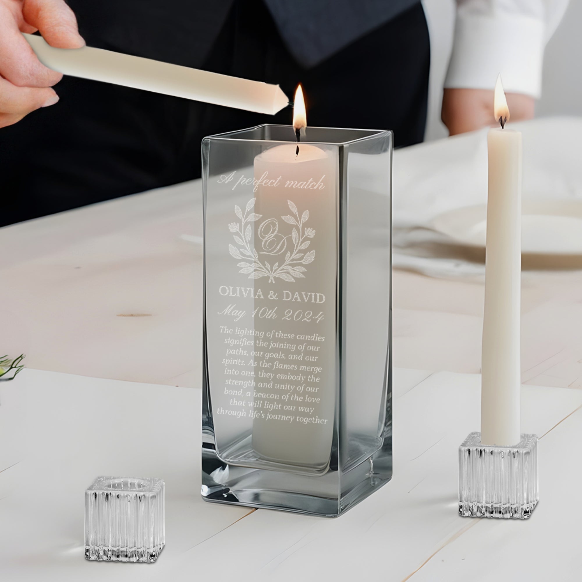 Custom Engraved Square Glass Vase Unity Candles & Holders Set, Wedding Ceremony Engagement Christening Baptism Anniversary Personalised Gift