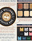 Color selection chart for The Williams Coffee Bar with logo and material options.