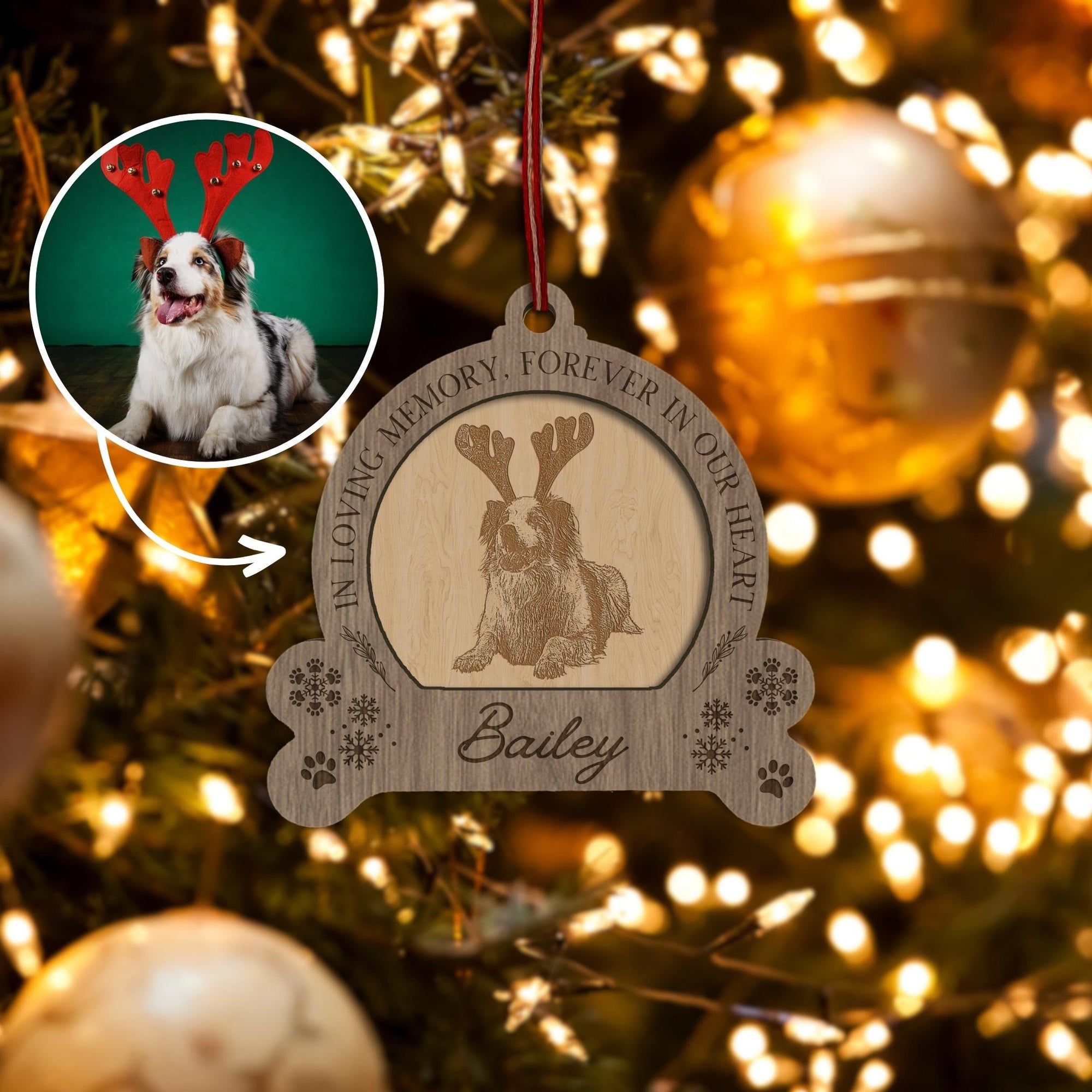 Custom Engraved Christmas Pet Photo -  Double Layer Wooden Ornament