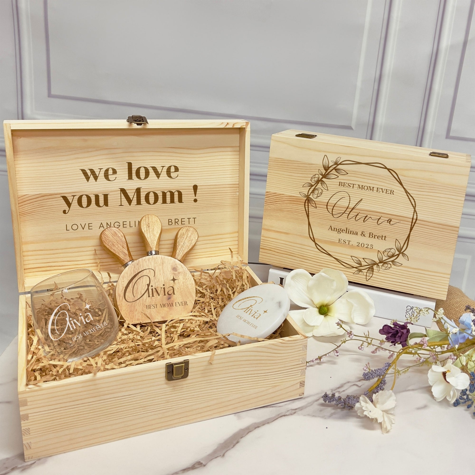 Personalised Glass, Marble Coaster, Cheese Knifes Set in Custom Engraved Wooden Box, Maid of Honour, Mum, Bridesmaid Proposal Wedding Gift
