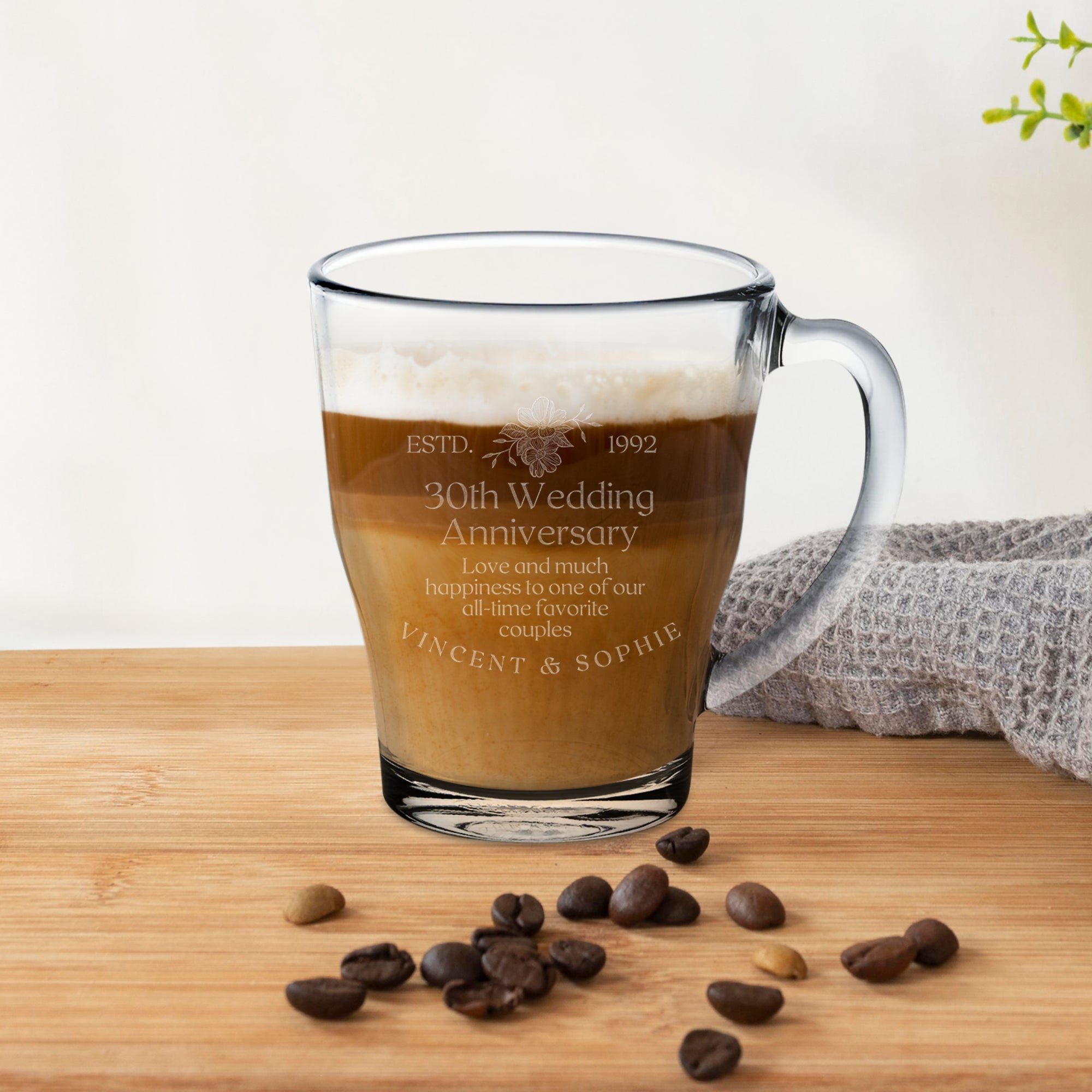 Personalised Handle Glass Coffee Mug , Custom Engraved Tea Cup, Wedding Favours, Birthday, Mother/ Father's Day, Christmas Corporate Gift