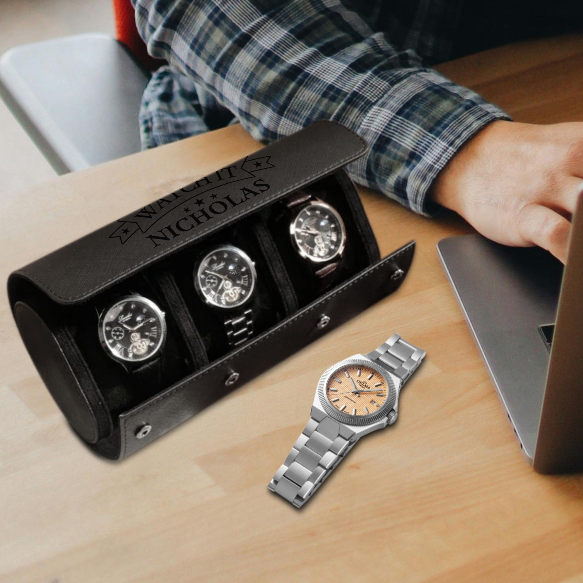 Personalised Black Leatherette Watch Case Box, Custom Engraved Travel Watches Roll Slot Display Storage, Groomsman/ Dad/ Birthday Xmas Gift