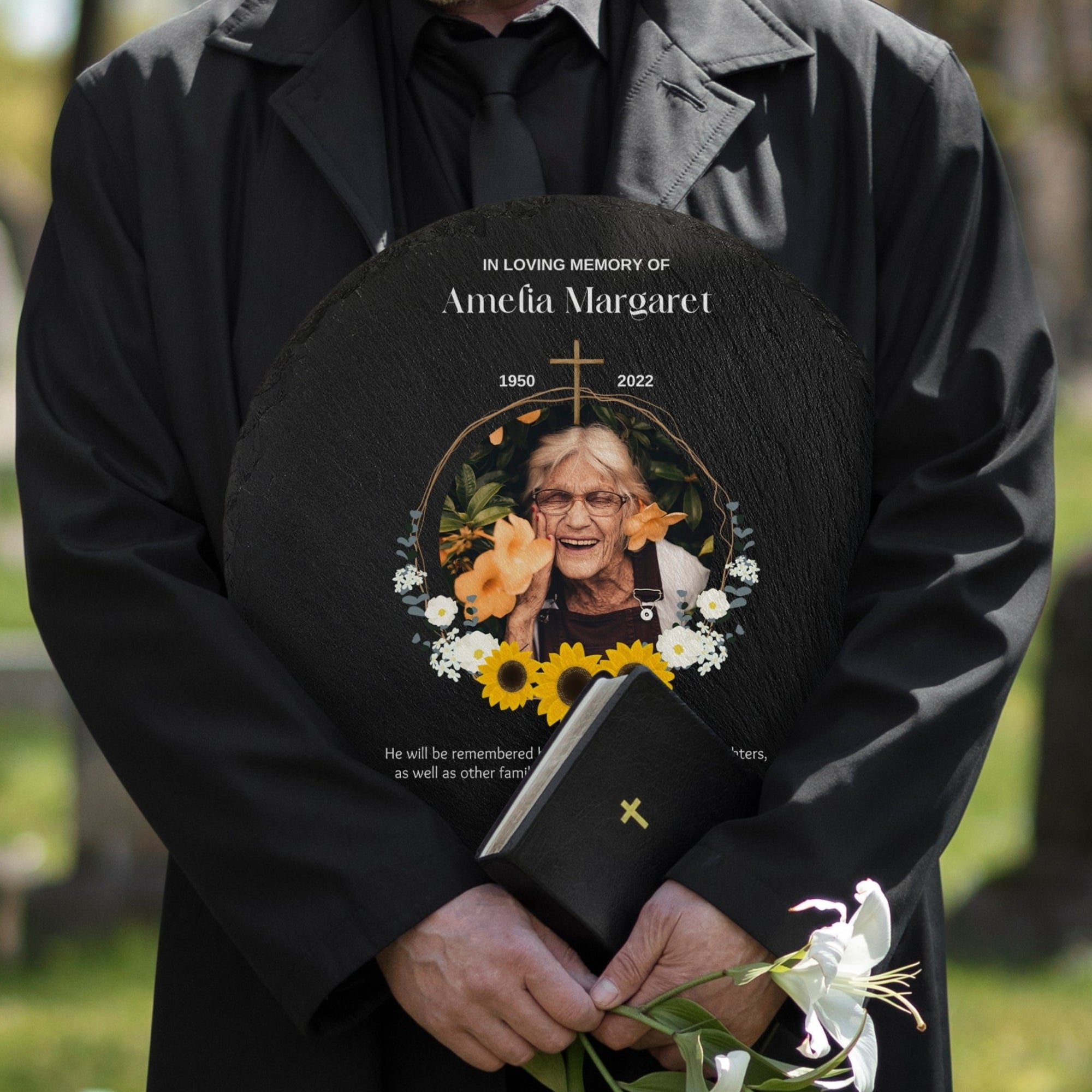 Personalised Photo Memorial Round Slate Sign, Custom Print In Loving Memory Garden Stone Funeral Cemetery Plaque Display Loss Love Pray Gift