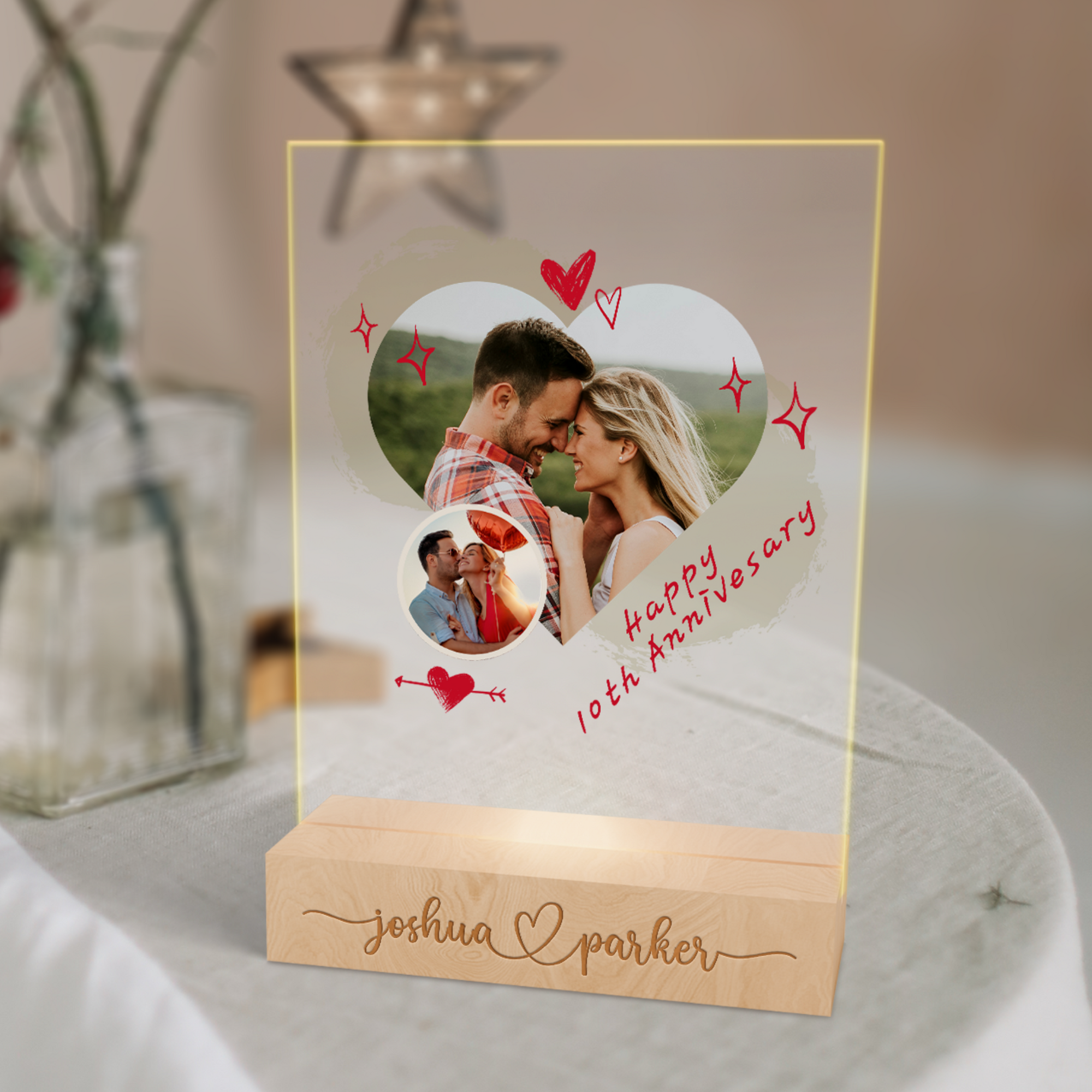 Custom 3D Couple Photo Name LED Night Light, Personalised Wooden Acrylic Print Save the Date Wedding Invitation Table Lamp, Anniversary Gift