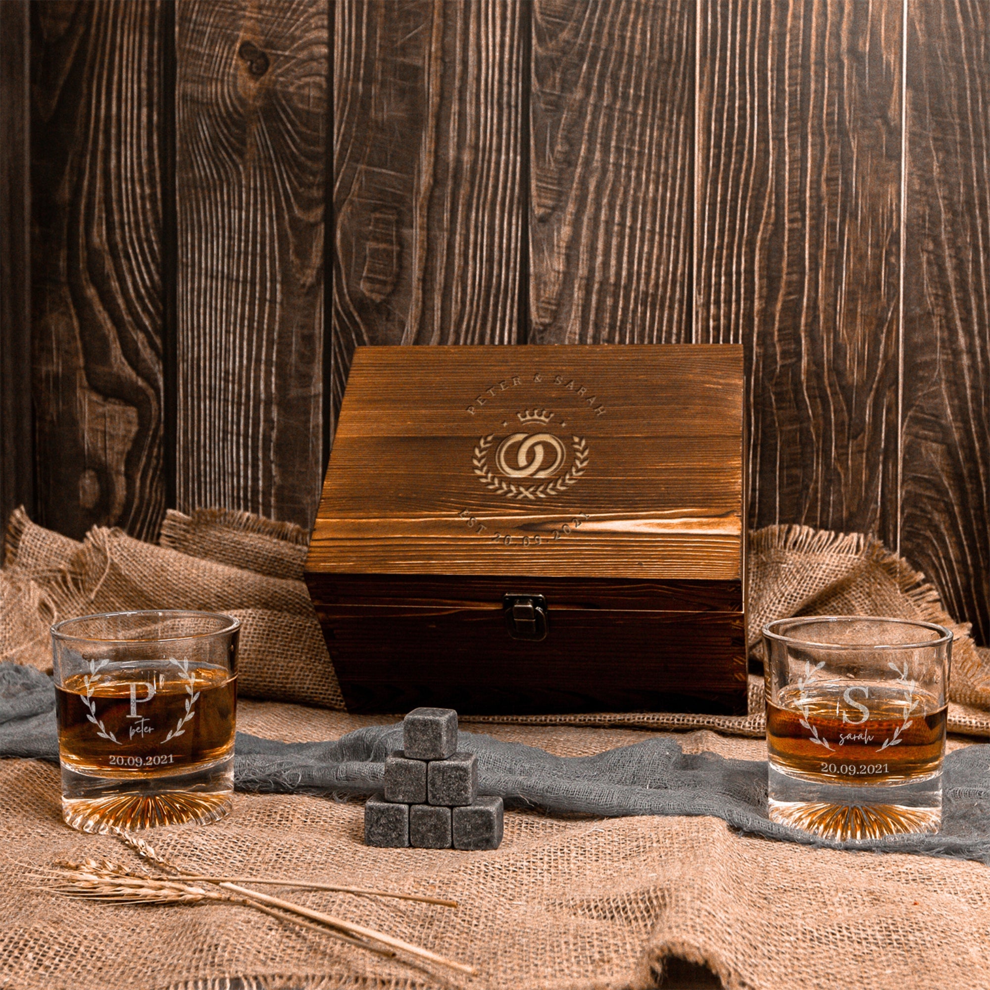 Custom Engraved Whiskey Wooden Box - 2 Round Star Scotch Glasses & 6 Rock Ice Stones, Personalised Barware Set, Birthday, Housewarming Gift