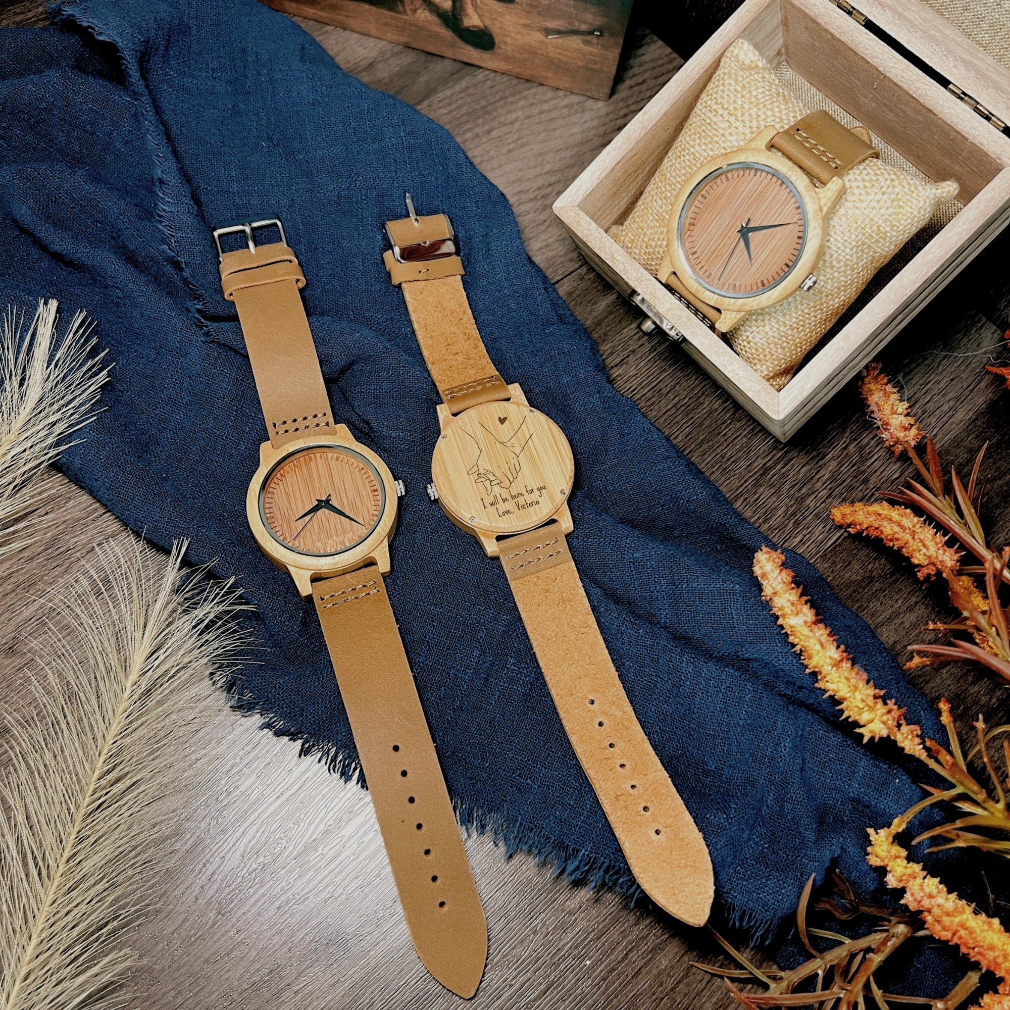 Personalised Message Bamboo Watch & Sketch Photo Wooden Box Set, Custom Engraved Logo Unisex Accessories Storage, Dad, Mom, Anniversary Gift