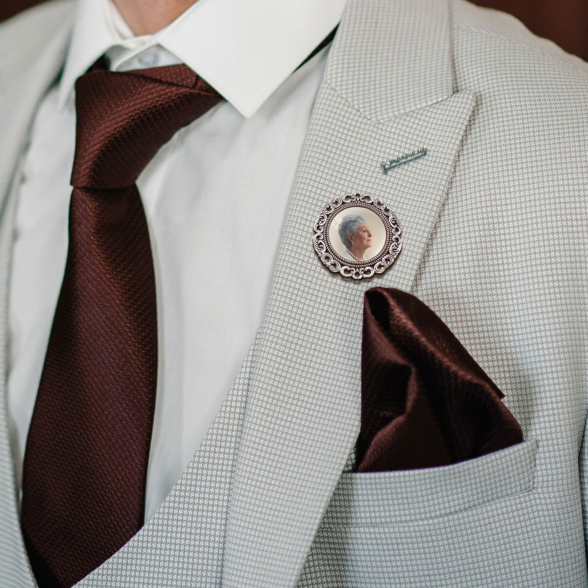 Personalised Photo Memorial Round Boutonniere Groom Lapel Pin/ Tie Clip, Bridal Bouquet Charm, Vintage Brooch Pendant, Wedding Keepsake Gift