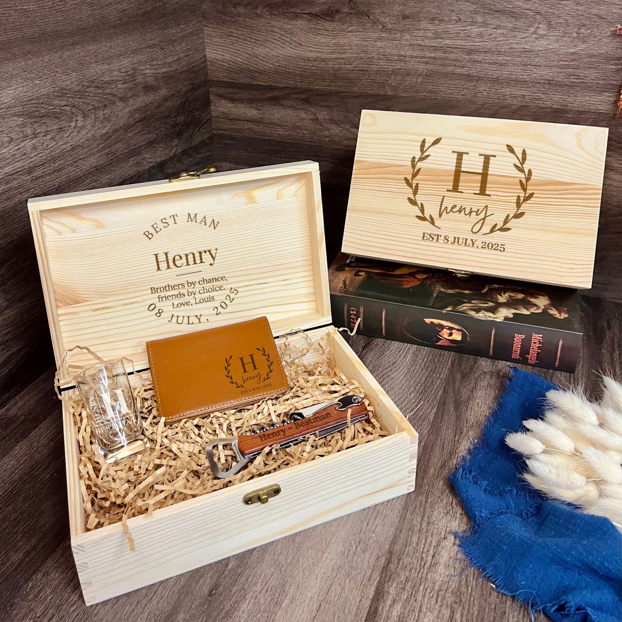 Personalised Corkscrew, Leather Card Holder, Shot Glass Set in Custom Engraved Wooden Box, Best Man, Father, Groomsman Proposal Wedding Gift