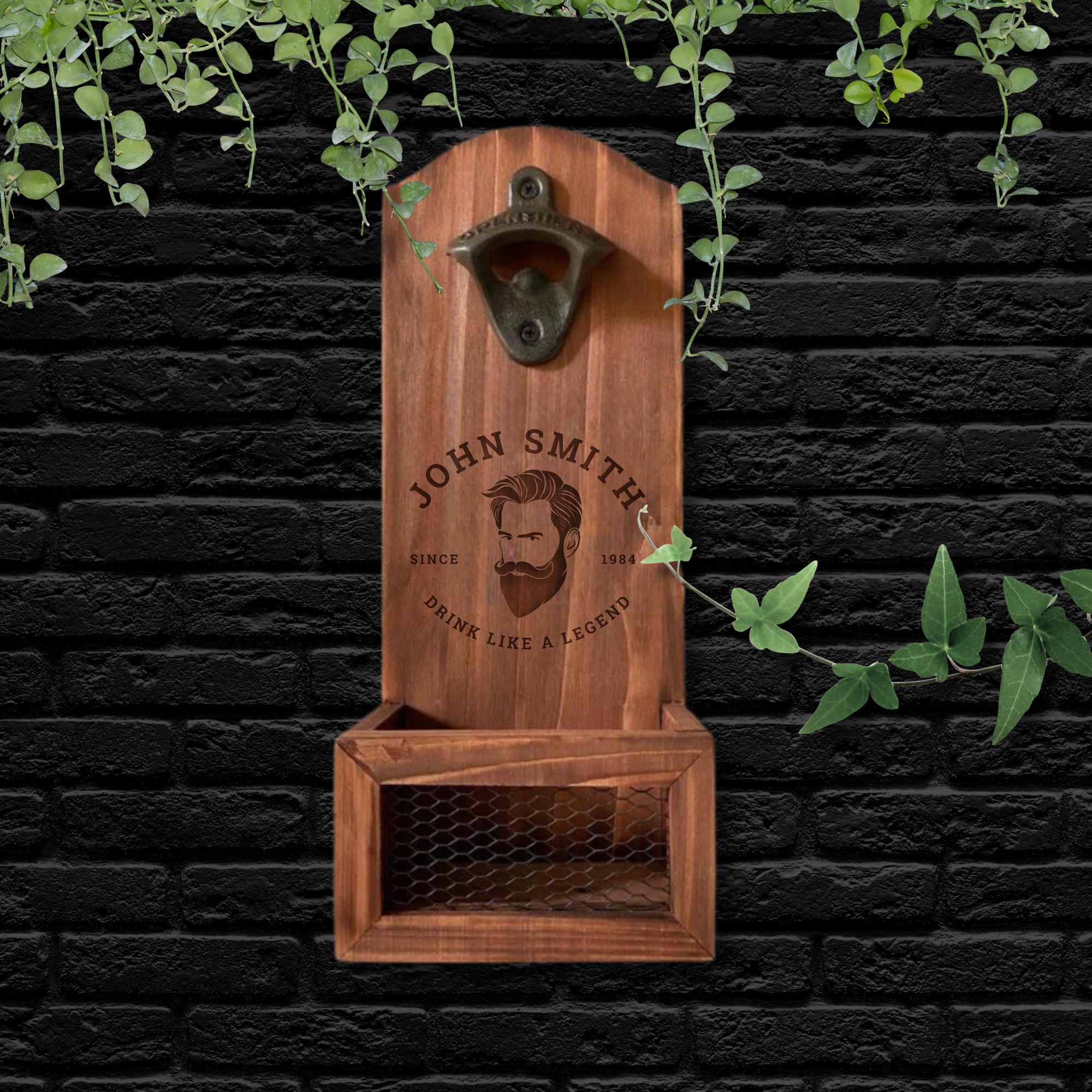 Custom Engraved Wooden Beer Bottle Opener & Cap Catcher/ Collector, Personalised Name Logo, Father's Day, Christmas, Groomsmen Gift for Him