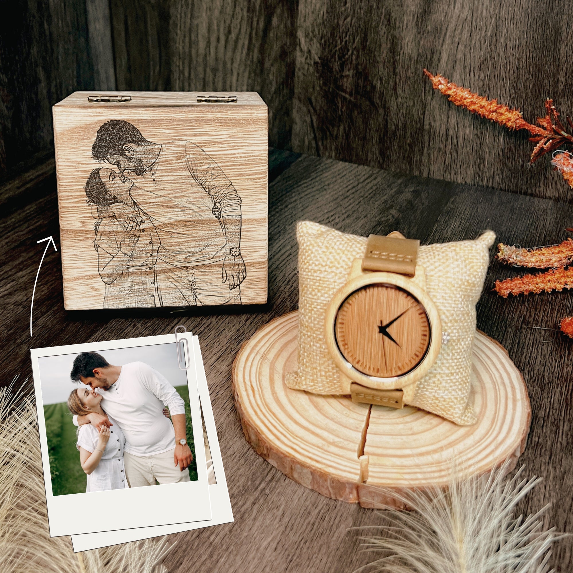 Personalised Message Bamboo Watch & Sketch Photo Wooden Box Set, Custom Engraved Logo Unisex Accessories Storage, Dad, Mom, Anniversary Gift