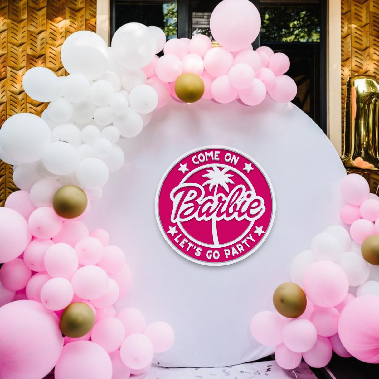 Custom Acrylic 3D Double Layer Barbie Name Round Sign & Palm Tree, Personalised Nursery Wall Circle Plaque, Birthday, Bridal Shower Signage