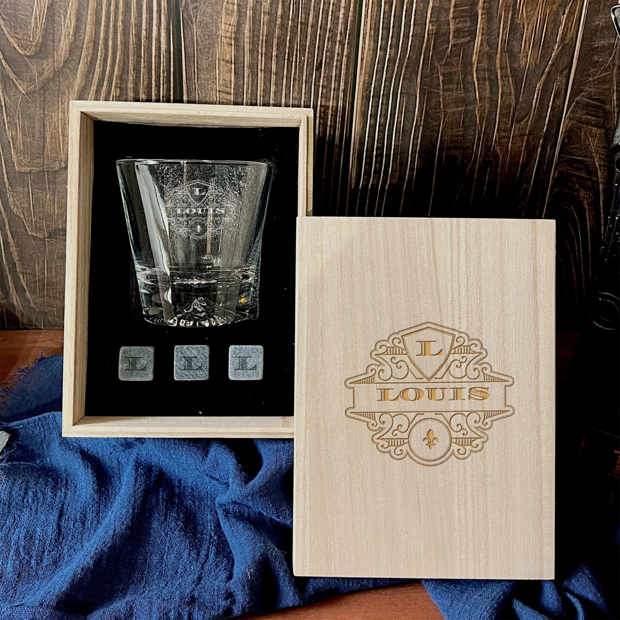 Personalised Wooden Whiskey Gift Box, Rock Mountain Glass, Ice Stones Coaster, Custom Logo Engraved Wedding Barware Set, Dad, Corporate Gift
