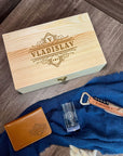 Personalised Corkscrew, Leather Card Holder, Shot Glass Set in Custom Engraved Wooden Box, Best Man, Father, Groomsman Proposal Wedding Gift