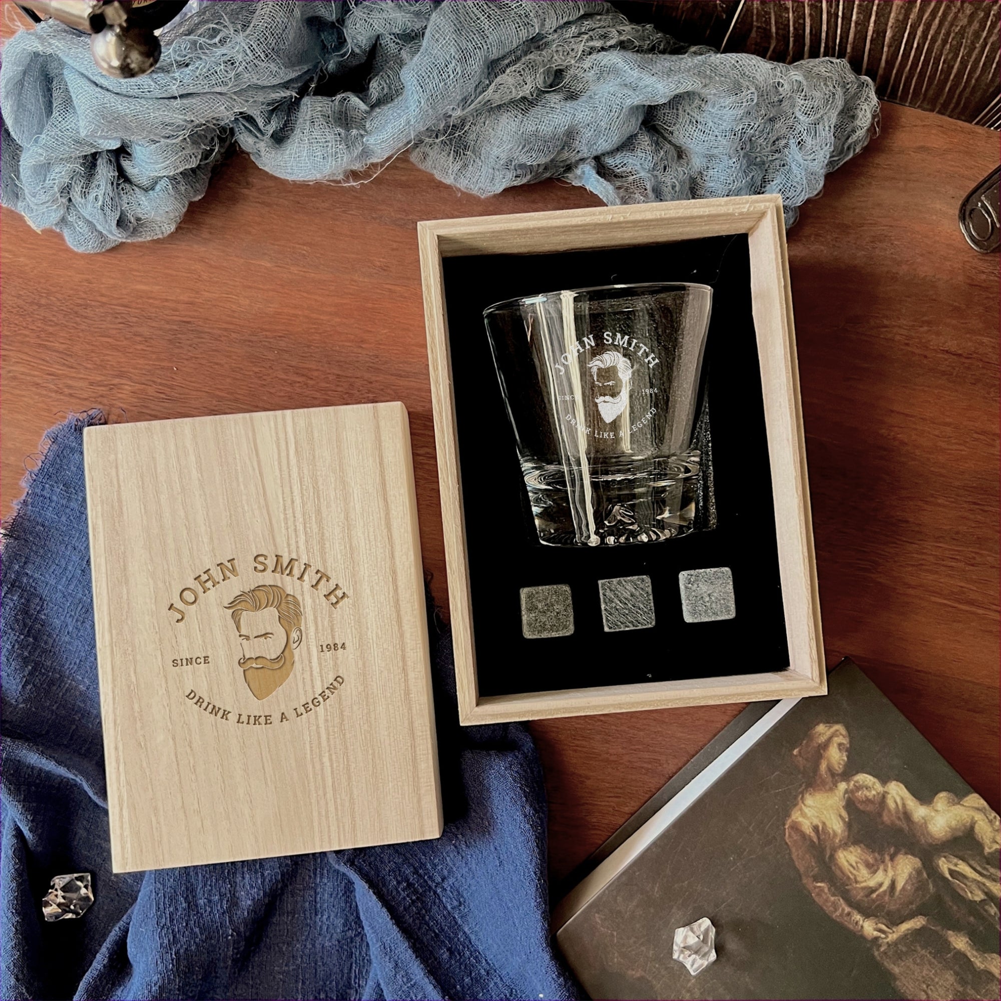 Personalised Wooden Whiskey Gift Box, Rock Mountain Glass, Ice Stones Coaster, Custom Logo Engraved Wedding Barware Set, Dad, Corporate Gift