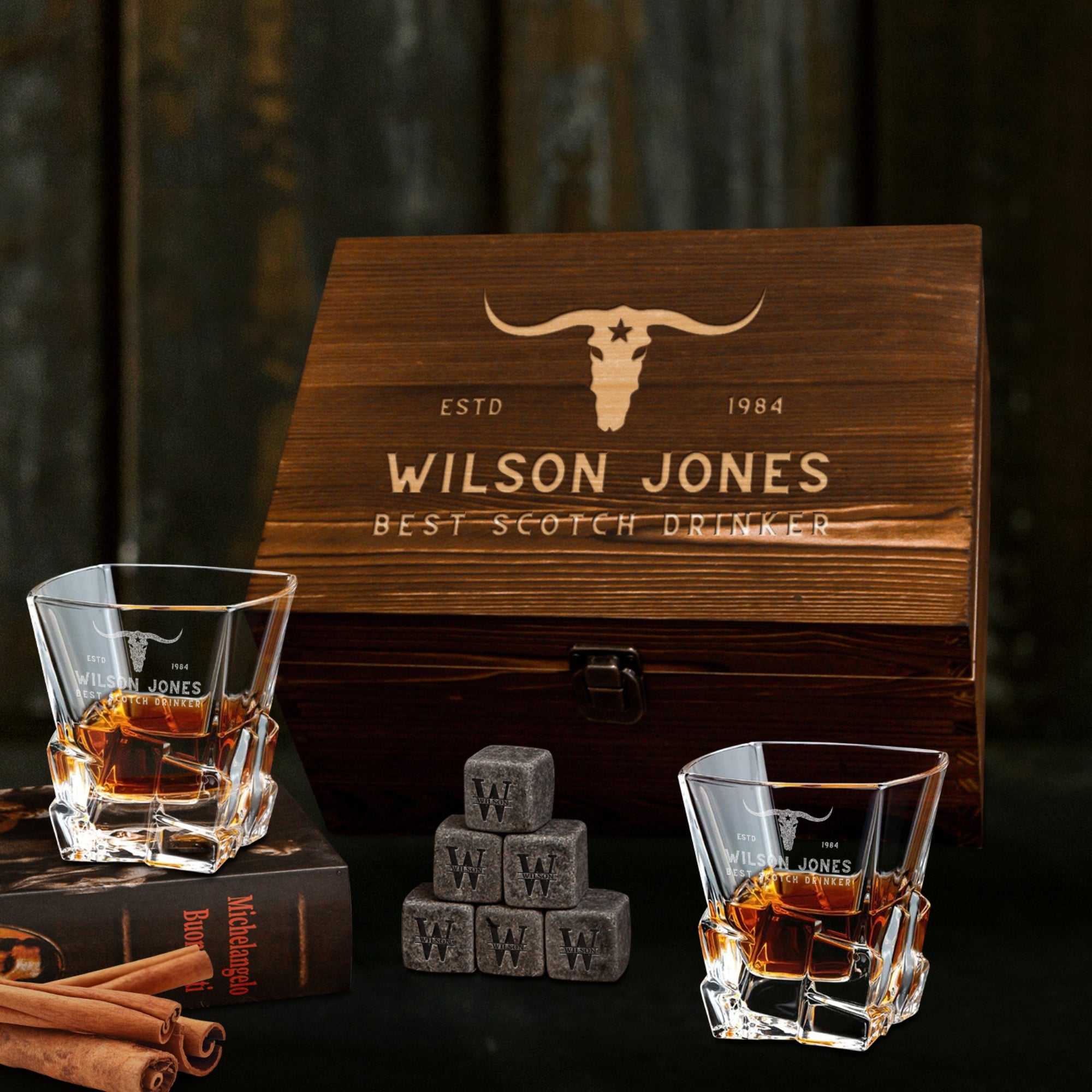 Custom Engraved Whiskey Wooden Box - 2 Square Cut Scotch Glasses & 6 Rock Ice Stones, Personalised Barware Set Graduate Anniversary Dad Gift