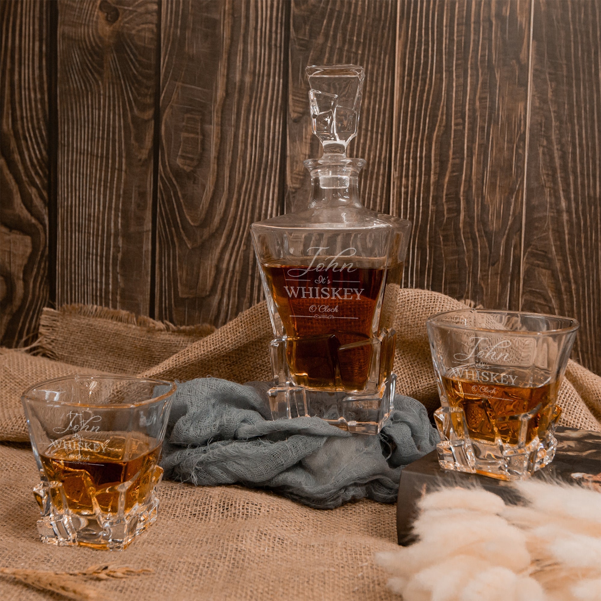 Engraved Whiskey Wooden Box - Square Cut Decanter, 2 Scotch Glasses & 6 Ice Stone Personalised Logo Barware Set, Groomsman Dad Birthday Gift