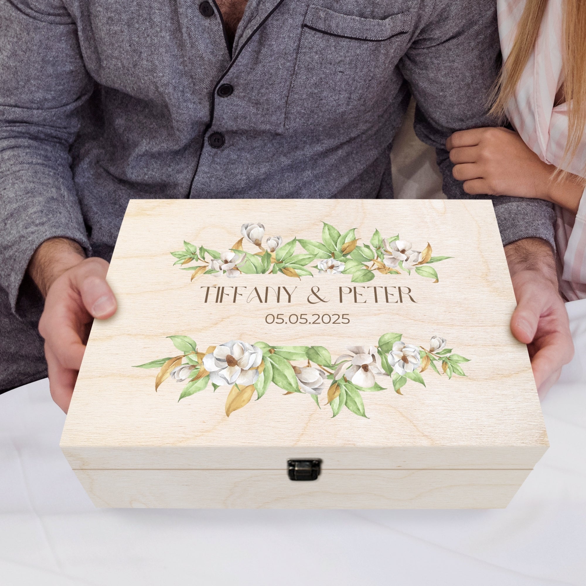 Personalised Floral Wedding Wooden Keepsake Box, Custom Names & Date UV Printed Memory Engagement Treasure Storage, Anniversary Couple Gift
