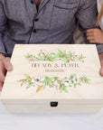 Personalised Floral Wedding Wooden Keepsake Box, Custom Names & Date UV Printed Memory Engagement Treasure Storage, Anniversary Couple Gift