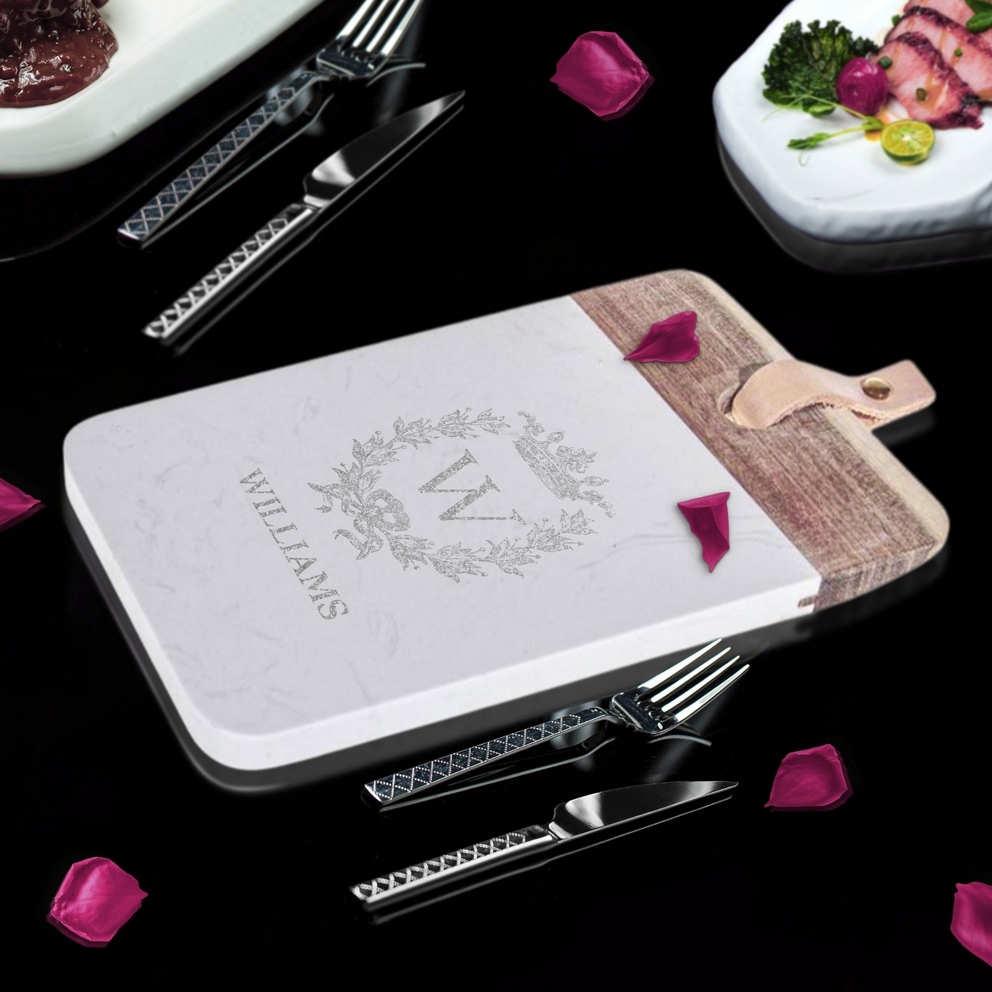 Personalised Acacia Wood & Faux Stone Marble Serving Tray, Custom Engraved Metallic Cheese Board Charcuterie Platter Decor Housewarming Gift