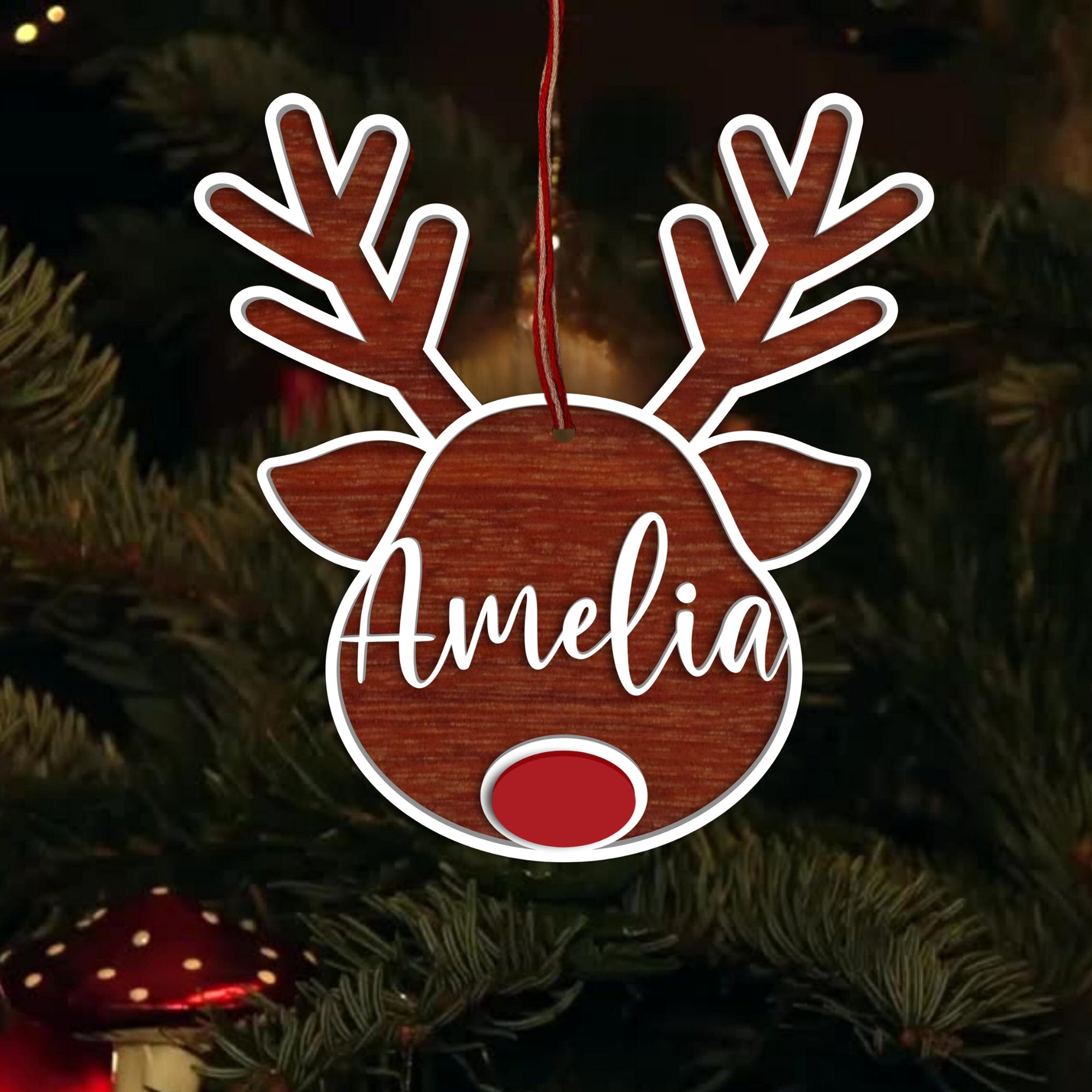 Personalised 3D Reindeer Wood Ornament, Custom Engraved Name Mr & Mrs First Christmas, New House/ Married/ Engaged Xmas Tree Tag Bauble Gift