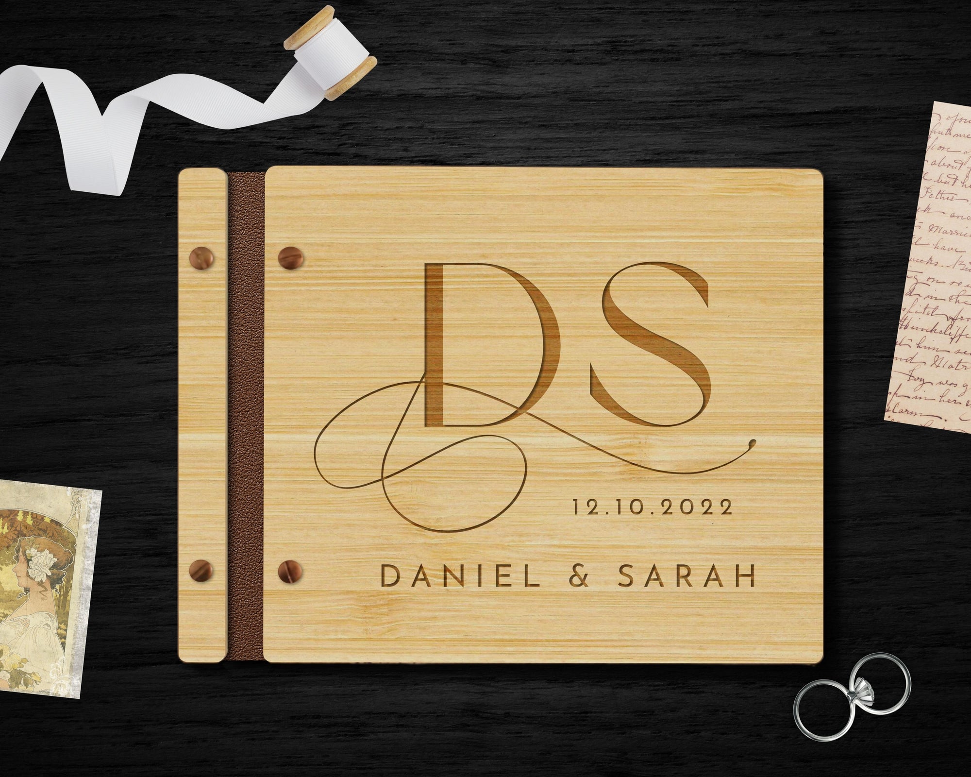 Custom Engraved Wooden Vegan Leather Wedding Guest Book, Personalised Plywood Alternative Traditional Guestbook Keepsake,Rustic Party Decor