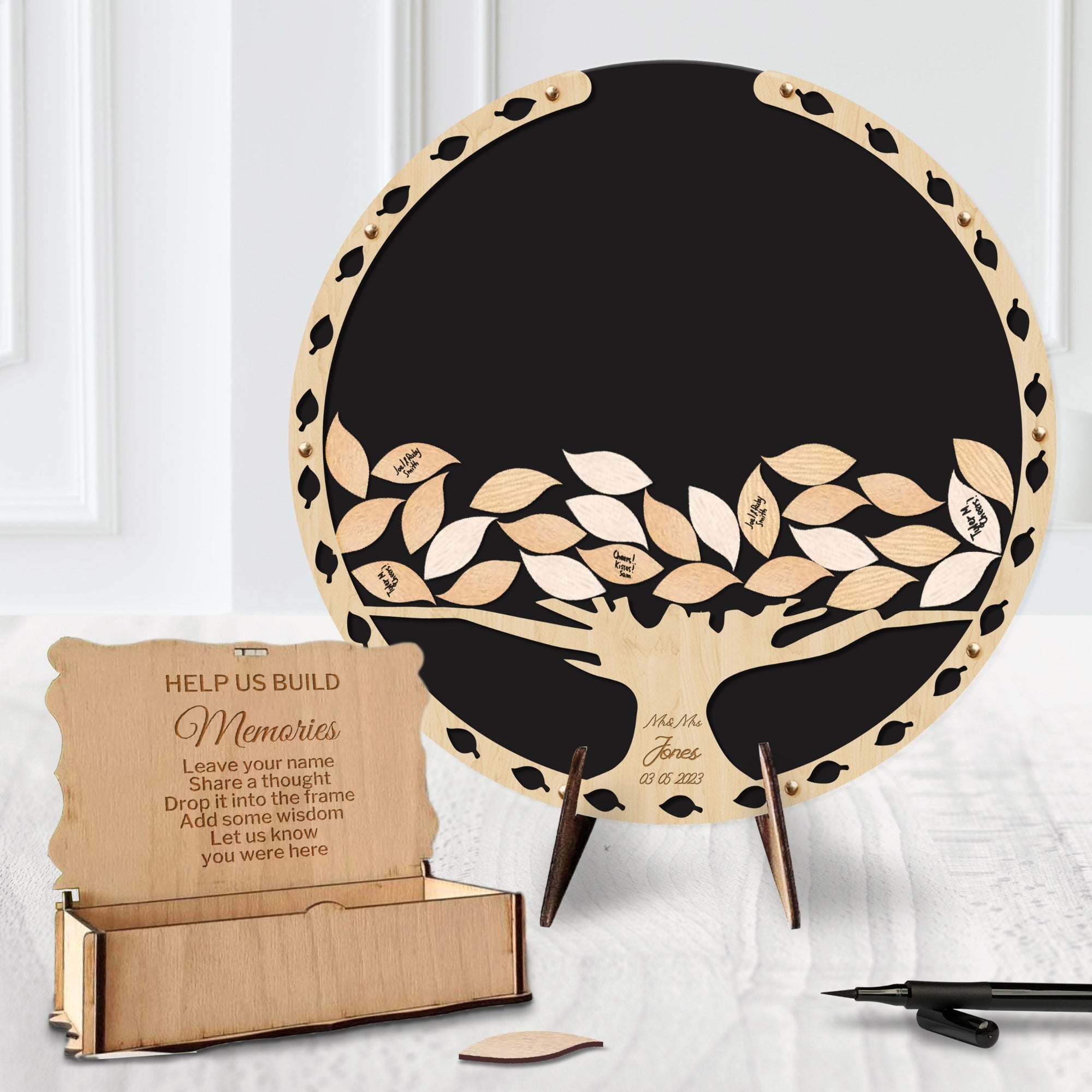 Custom Laser Cut Wooden Acrylic Tree of Leaves, Wedding Round Drop Box, Rustic Personalised Circle Guest Book Alternative, Stationery Decor