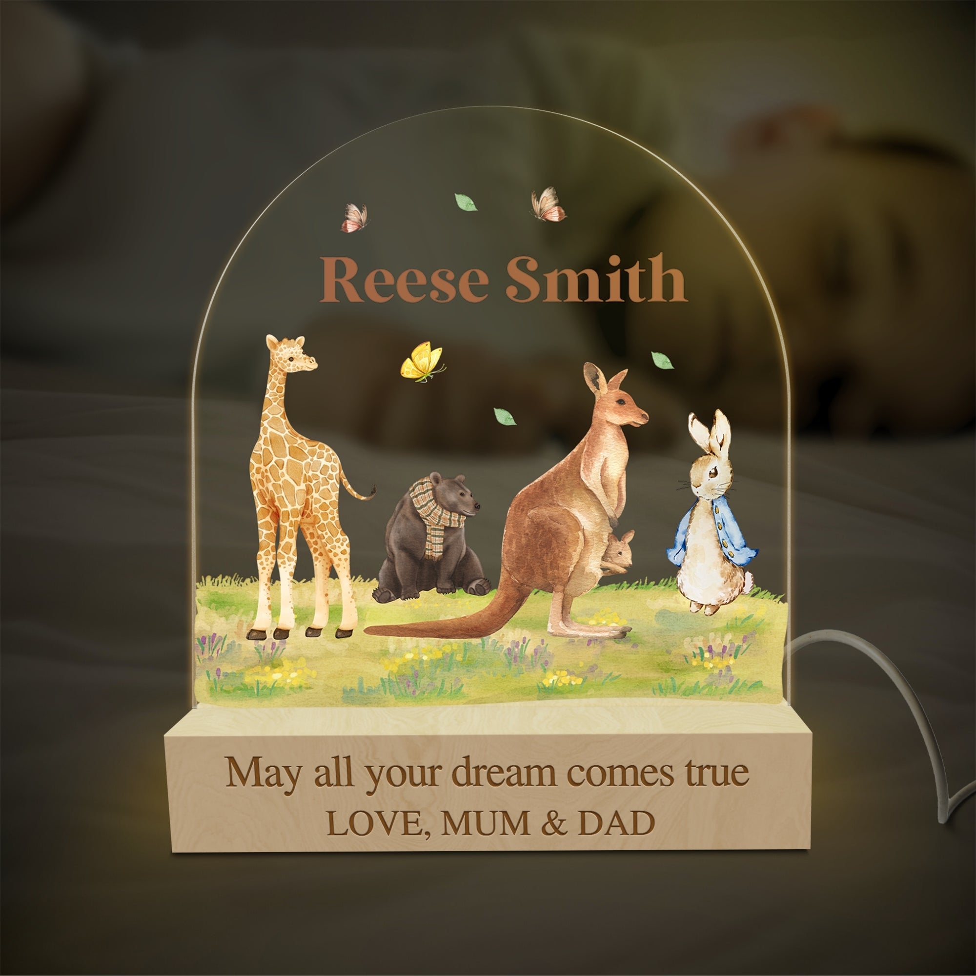 Personalised 3D Kid LED Night Light, Custom Waterpaint Cartoon Animal & Name Wood Acrylic Print Table Lamp, First Birthday, Nursery Kid Gift