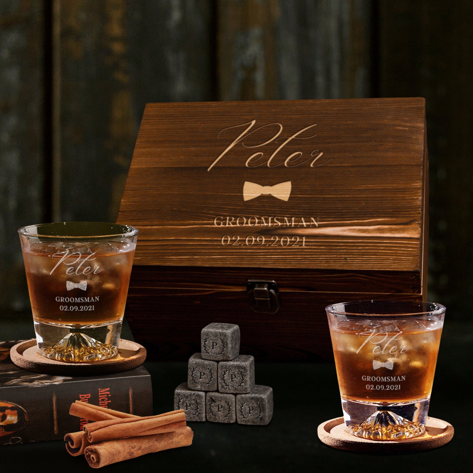 Custom Engraved Whiskey Wooden Box - 2 Mountain Scotch Glasses & 6 Rock Ice Stones, Personalised Barware Set, Groomsman Father Birthday Gift