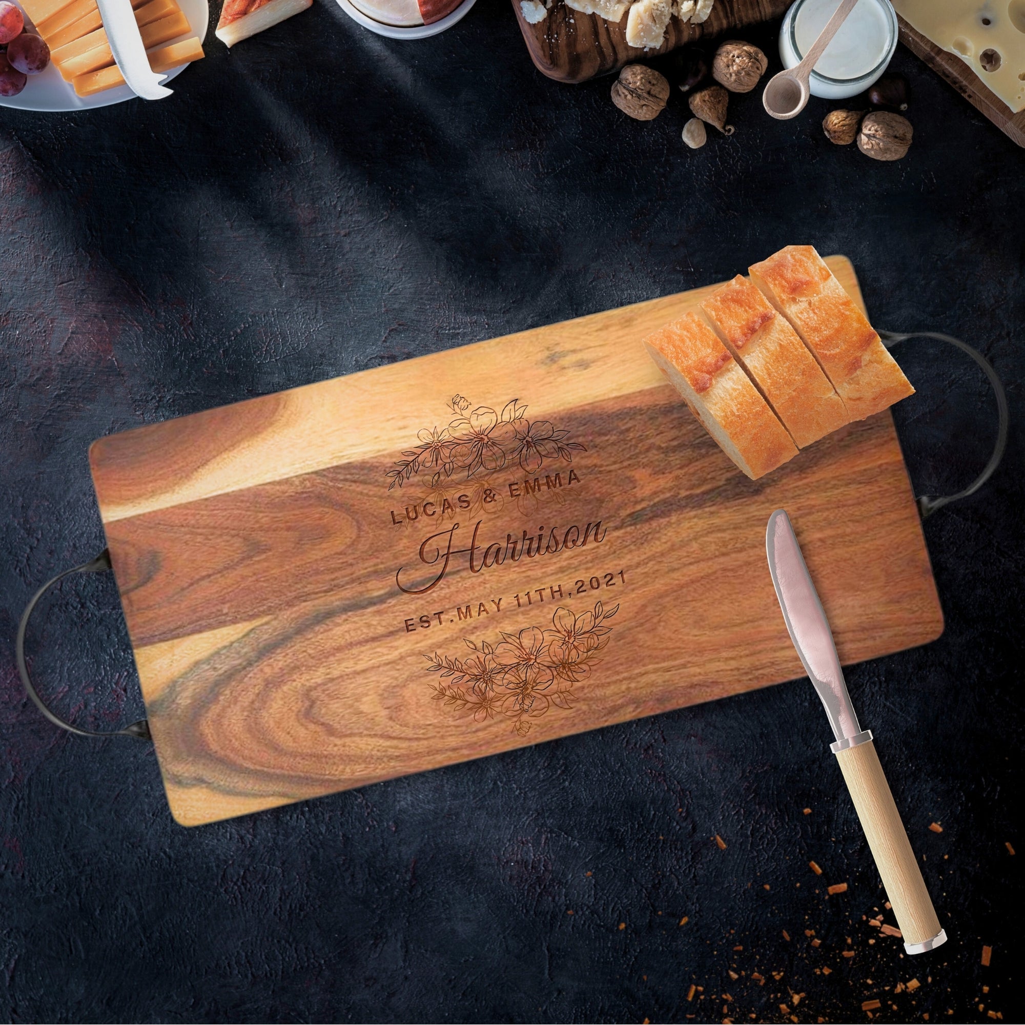 Personalised Acacia Serving Board & Iron Handles, Charcuterie, Cheese/ Chopping Cutting Board, Custom Engraved Anniversary Housewarming Gift